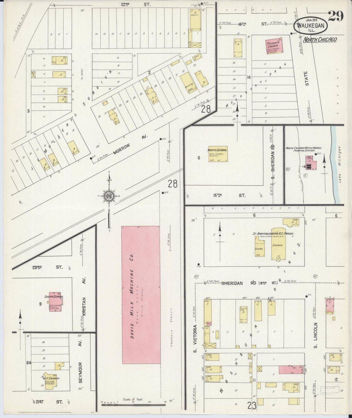 Sanborn Fire Insurance Map from Waukegan, Lake County, Illinois (1912), Sheet #0029 - Historic Sanborn Fire Insurance Map Print, vintage old map wall art, antique decor, genealogy gift, Illinois Illinois map