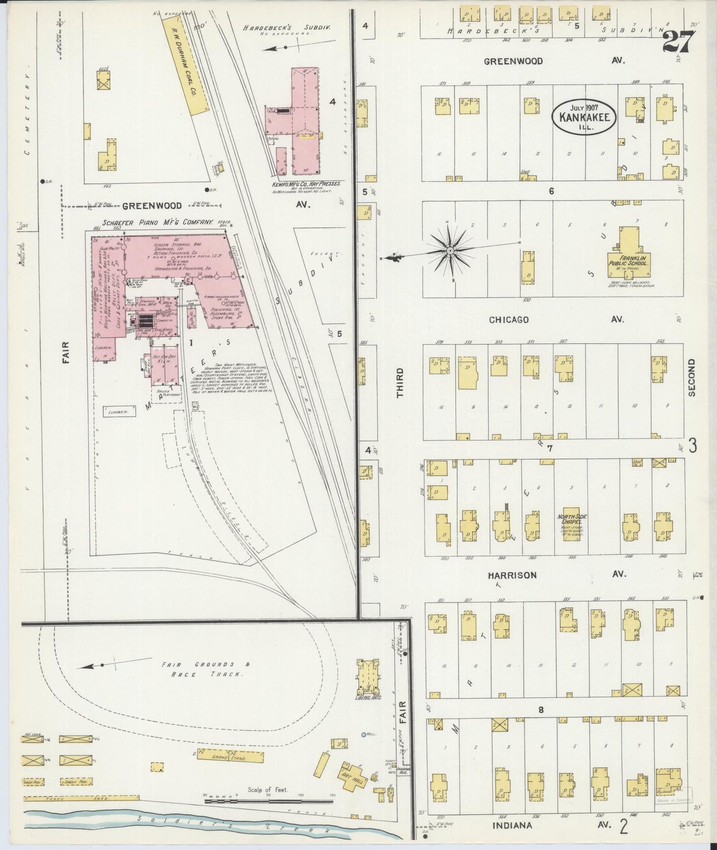 Sanborn Fire Insurance Map from Kankakee, Kankakee County, Illinois (1907), Sheet #0027 - Historic Sanborn Fire Insurance Map Print, vintage old map wall art, antique decor, genealogy gift, Illinois Illinois map