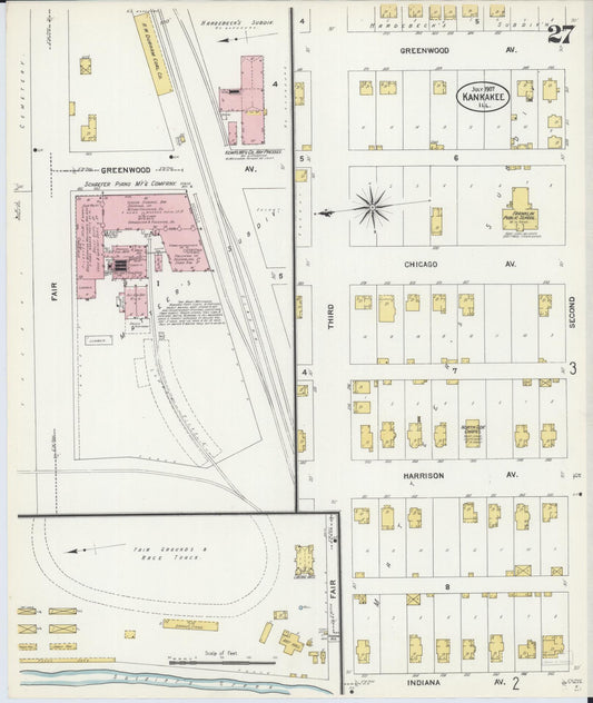 Sanborn Fire Insurance Map from Kankakee, Kankakee County, Illinois (1907), Sheet #0027 - Historic Sanborn Fire Insurance Map Print, vintage old map wall art, antique decor, genealogy gift, Illinois Illinois map