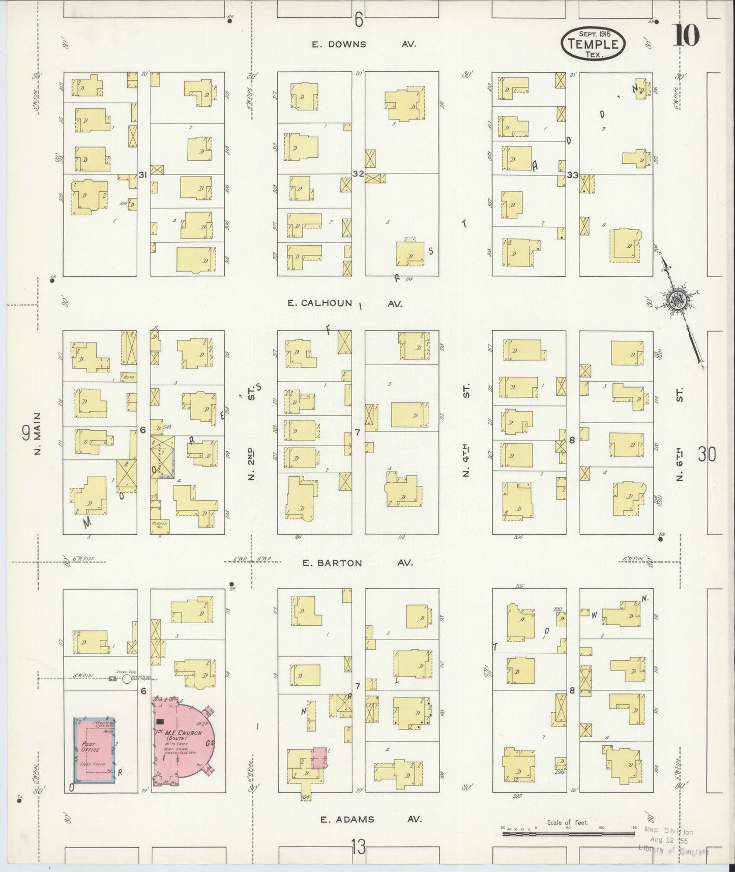 Sanborn Fire Insurance Map from Temple, Bell County, Texas (1915), Sheet #0010 - Historic Sanborn Fire Insurance Map Print, vintage old map wall art, antique decor, genealogy gift, Texas Texas map