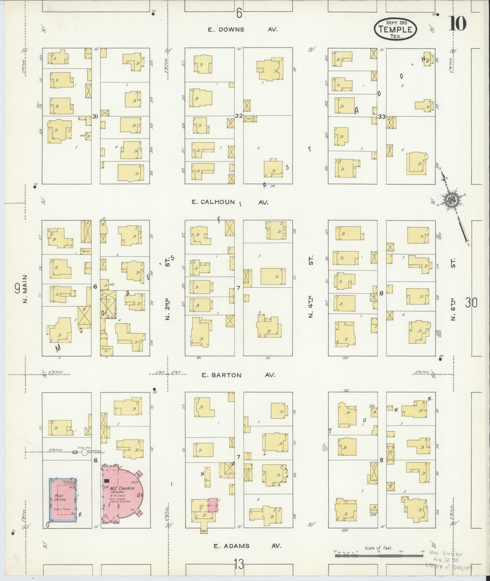 Sanborn Fire Insurance Map from Temple, Bell County, Texas (1915), Sheet #0010 - Historic Sanborn Fire Insurance Map Print, vintage old map wall art, antique decor, genealogy gift, Texas Texas map