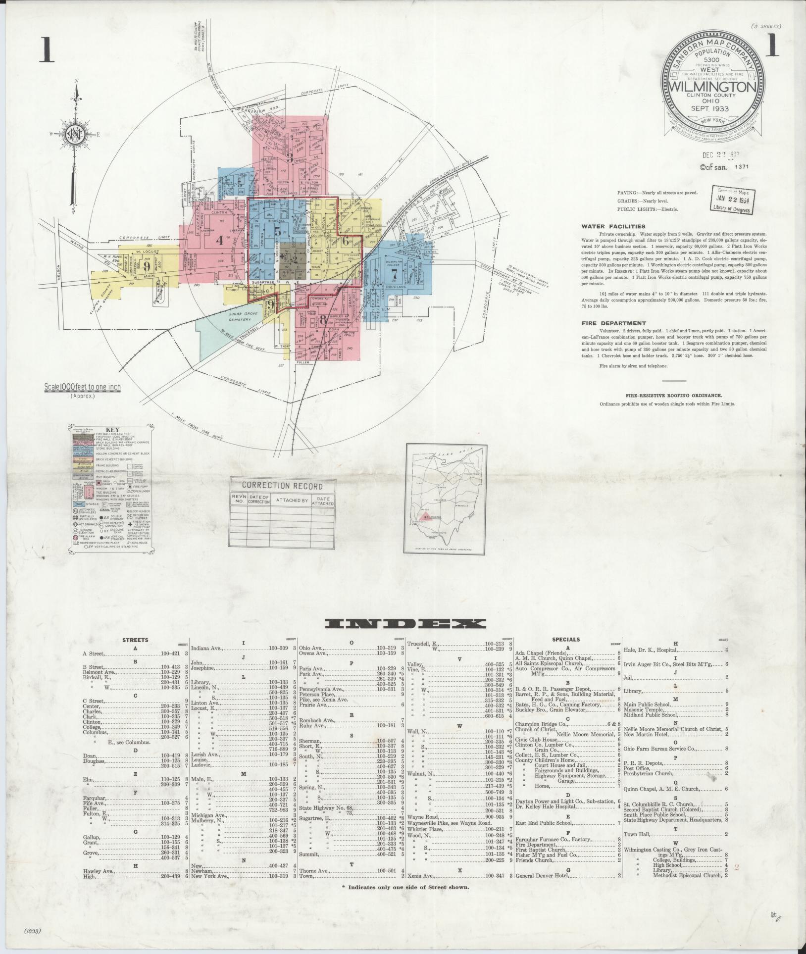 Sanborn Fire Insurance Map from Wilmington, Clinton County, Ohio (1933), Sheet #0001 - Historic Sanborn Fire Insurance Map Print, vintage old map wall art, antique decor, genealogy gift, Ohio Ohio map