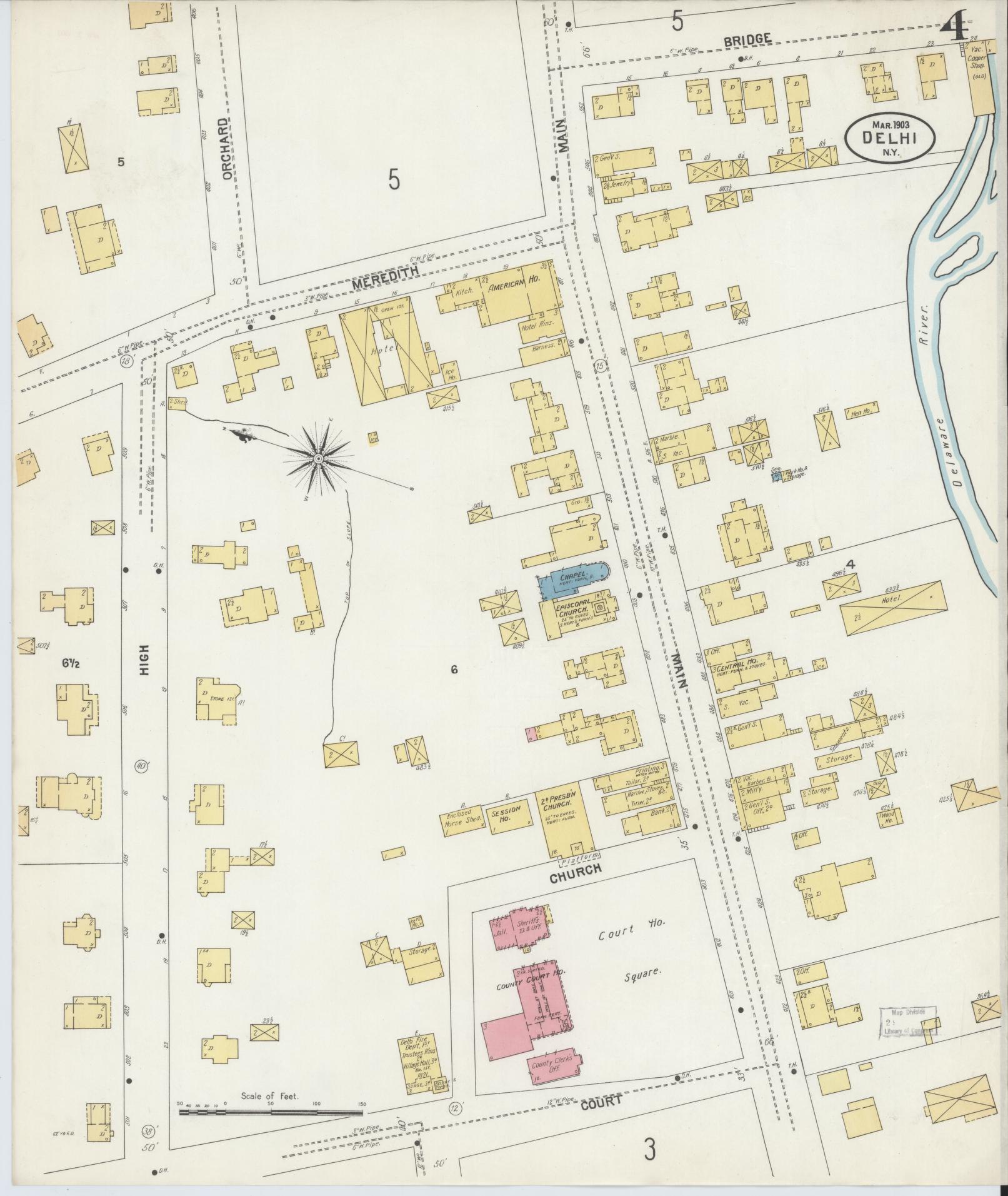 Sanborn Fire Insurance Map from Delhi, Delaware County, New York (1903), Sheet #0004 - Historic Sanborn Fire Insurance Map Print, vintage old map wall art, antique decor, genealogy gift, Delhi Delaware map