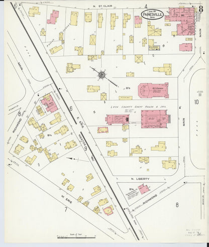 Sanborn Fire Insurance Map from Painesville, Lake County, Ohio (1911), Sheet #0008 - Historic Sanborn Fire Insurance Map Print, vintage old map wall art, antique decor, genealogy gift, Ohio Ohio map
