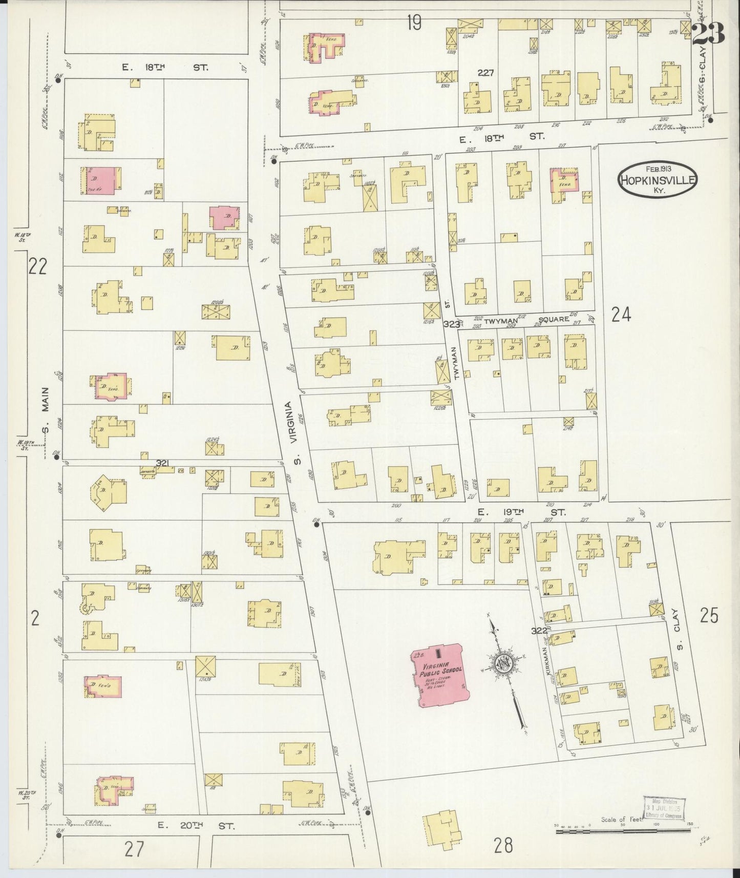 Sanborn Fire Insurance Map from Hopkinsville, Christian County, Kentucky (1913), Sheet #0023 - Historic Sanborn Fire Insurance Map Print, vintage old map wall art, antique decor, genealogy gift, Kentucky Kentucky map