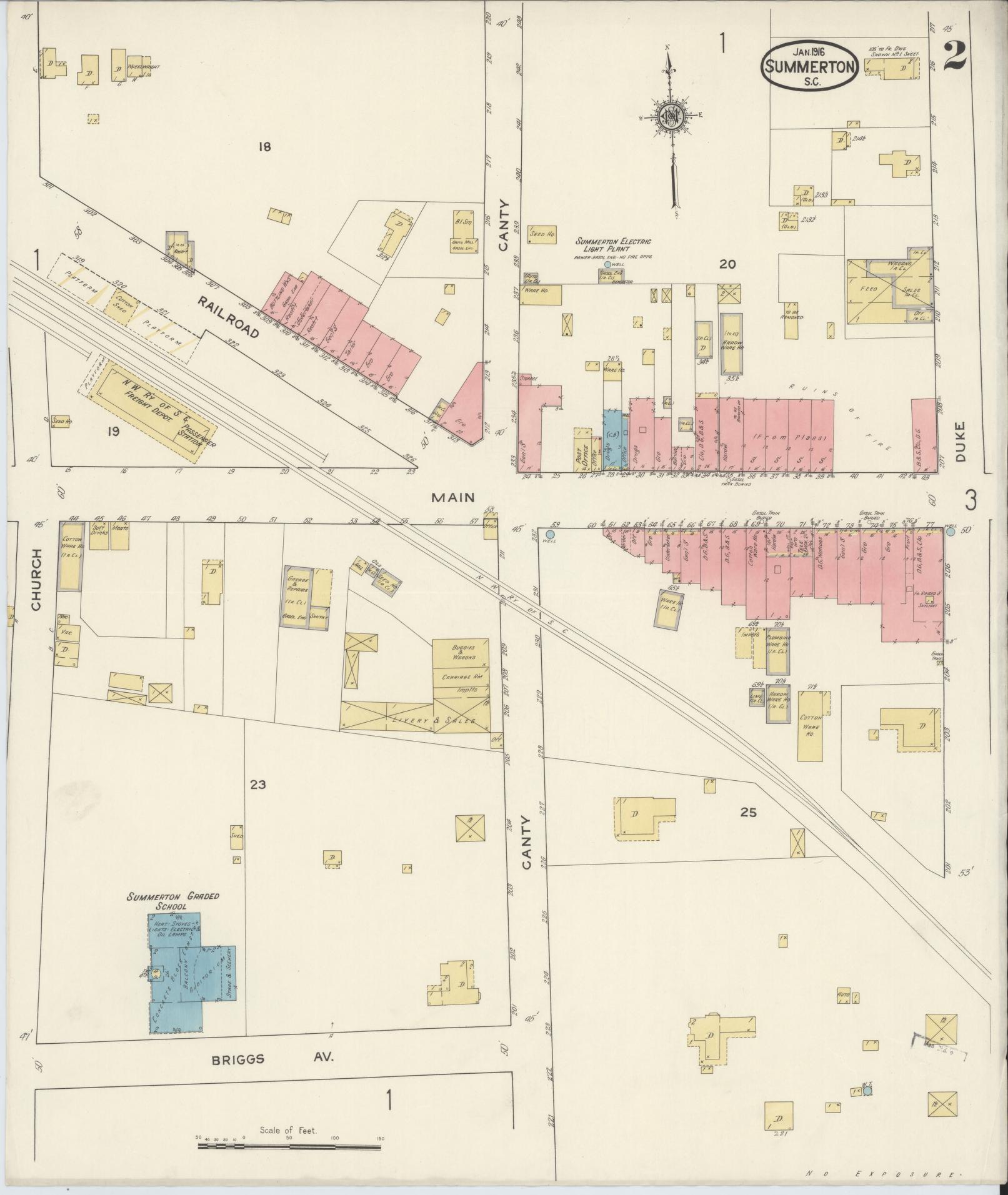 Sanborn Fire Insurance Map from Summerton, Clarendon County, South Carolina (1916), Sheet #0002 - Complete Map Set gallery image, historic Sanborn map, vintage wall art, South Carolina South Carolina