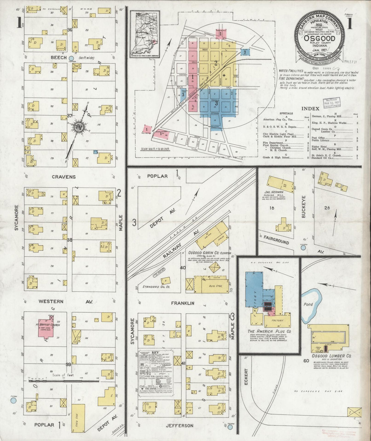 Sanborn Fire Insurance Map from Osgood, Ripley County, Indiana (1927), Sheet #0001 - Historic Sanborn Fire Insurance Map Print, vintage old map wall art, antique decor, genealogy gift, Indiana Indiana map