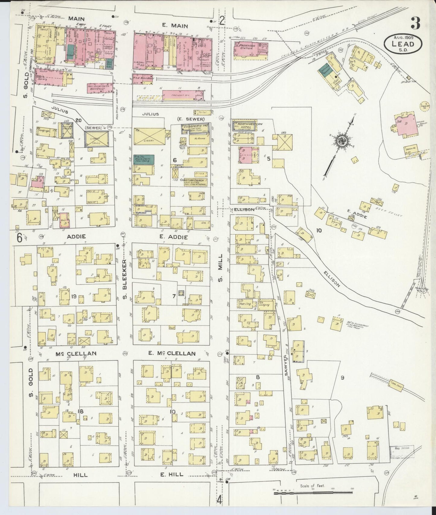 Sanborn Fire Insurance Map from Lead, Lawrence County, South Dakota (1909), Sheet #0003 - Historic Sanborn Fire Insurance Map Print, vintage old map wall art, antique decor, genealogy gift, South Dakota South Dakota map