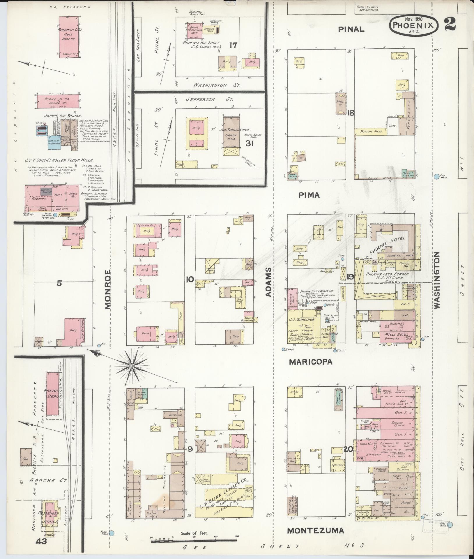 Sanborn Fire Insurance Map from Phoenix, Maricopa County, Arizona (1890), Sheet #0002 - Complete Map Set gallery image, historic Sanborn map, vintage wall art, Arizona Arizona
