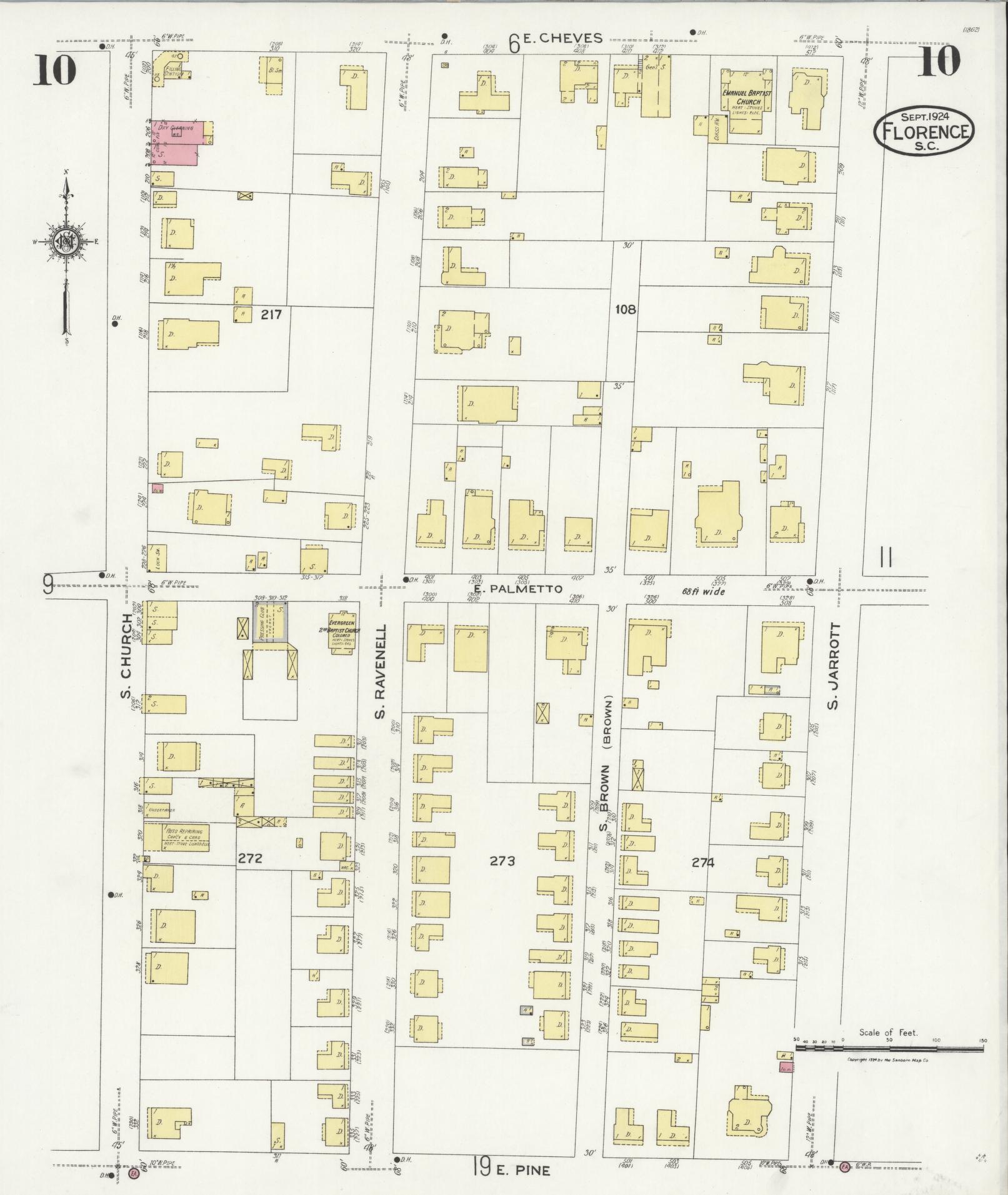 Sanborn Fire Insurance Map from Florence, Florence County, South Carolina (1924), Sheet #0010 - Historic Sanborn Fire Insurance Map Print, vintage old map wall art, antique decor, genealogy gift, South Carolina South Carolina map