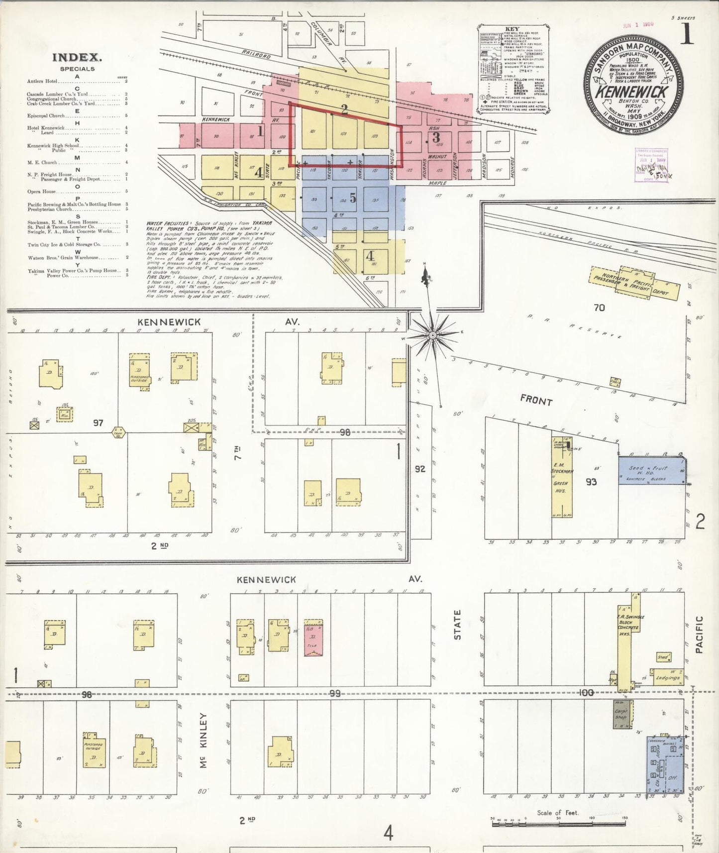 Sanborn Fire Insurance Map from Kennewick, Benton County, Washington (1909), Sheet #0005 - Complete Map Set gallery image, historic Sanborn map, vintage wall art, Washington Washington