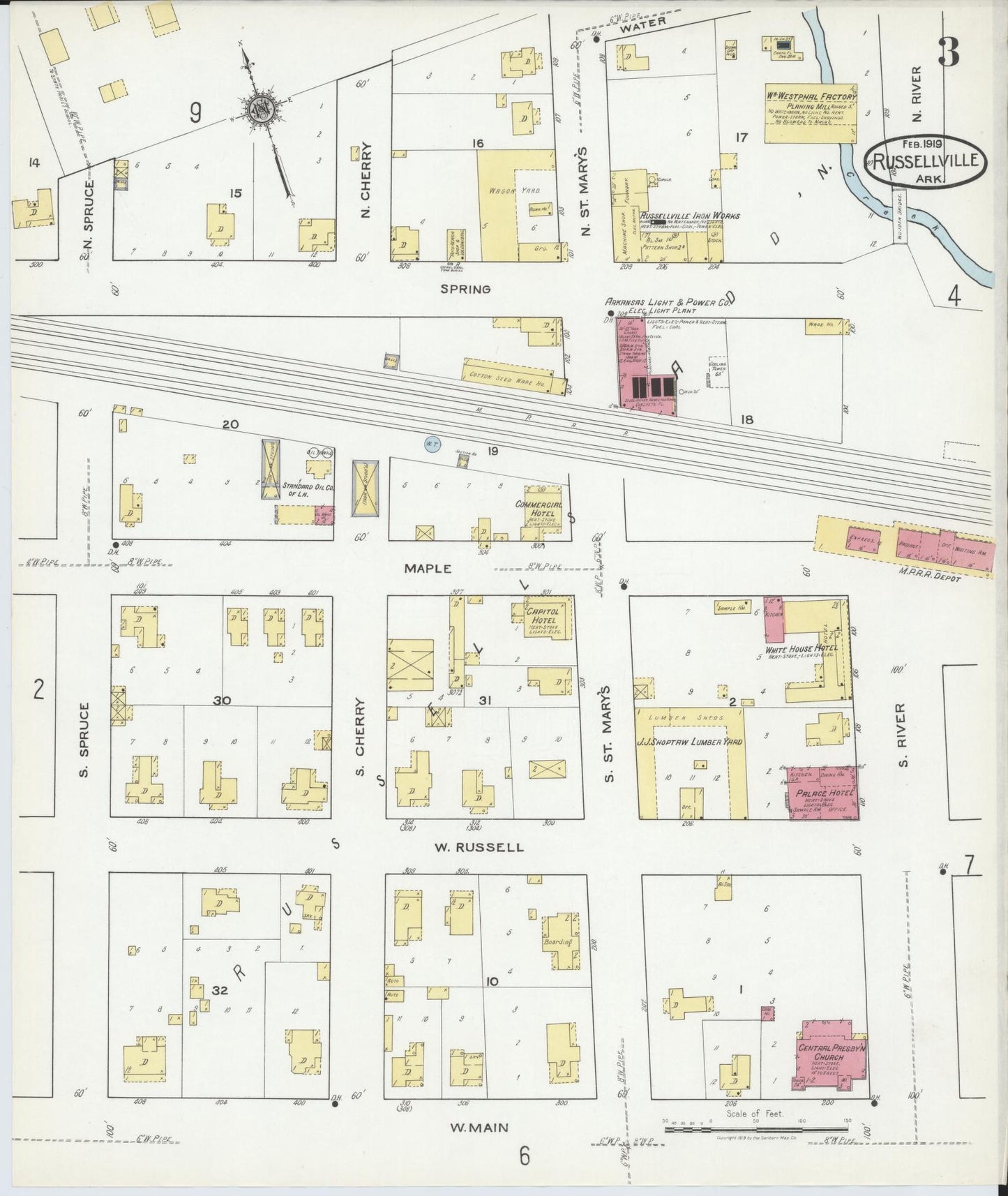 Sanborn Fire Insurance Map from Russellville, Pope County, Arkansas (1919), Sheet #0003 - Complete Map Set gallery image, historic Sanborn map, vintage wall art, Arkansas Arkansas