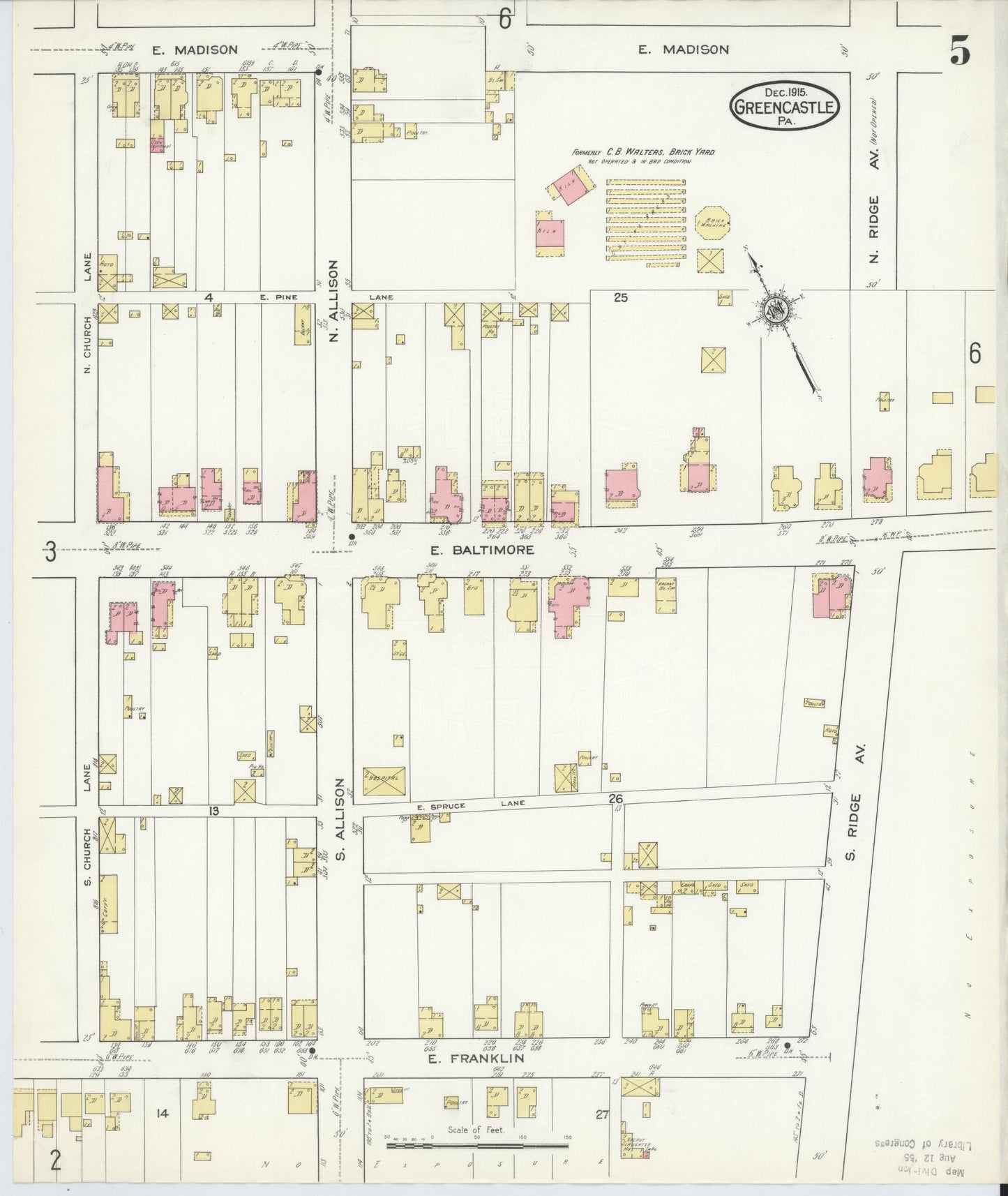 Sanborn Fire Insurance Map from Greencastle, Franklin County, Pennsylvania (1915), Sheet #0005 - Historic Sanborn Fire Insurance Map Print, vintage old map wall art, antique decor, genealogy gift, Pennsylvania Pennsylvania map