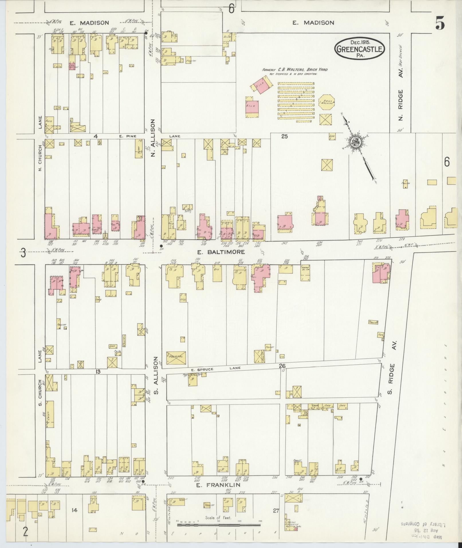 Sanborn Fire Insurance Map from Greencastle, Franklin County, Pennsylvania (1915), Sheet #0005 - Historic Sanborn Fire Insurance Map Print, vintage old map wall art, antique decor, genealogy gift, Pennsylvania Pennsylvania map