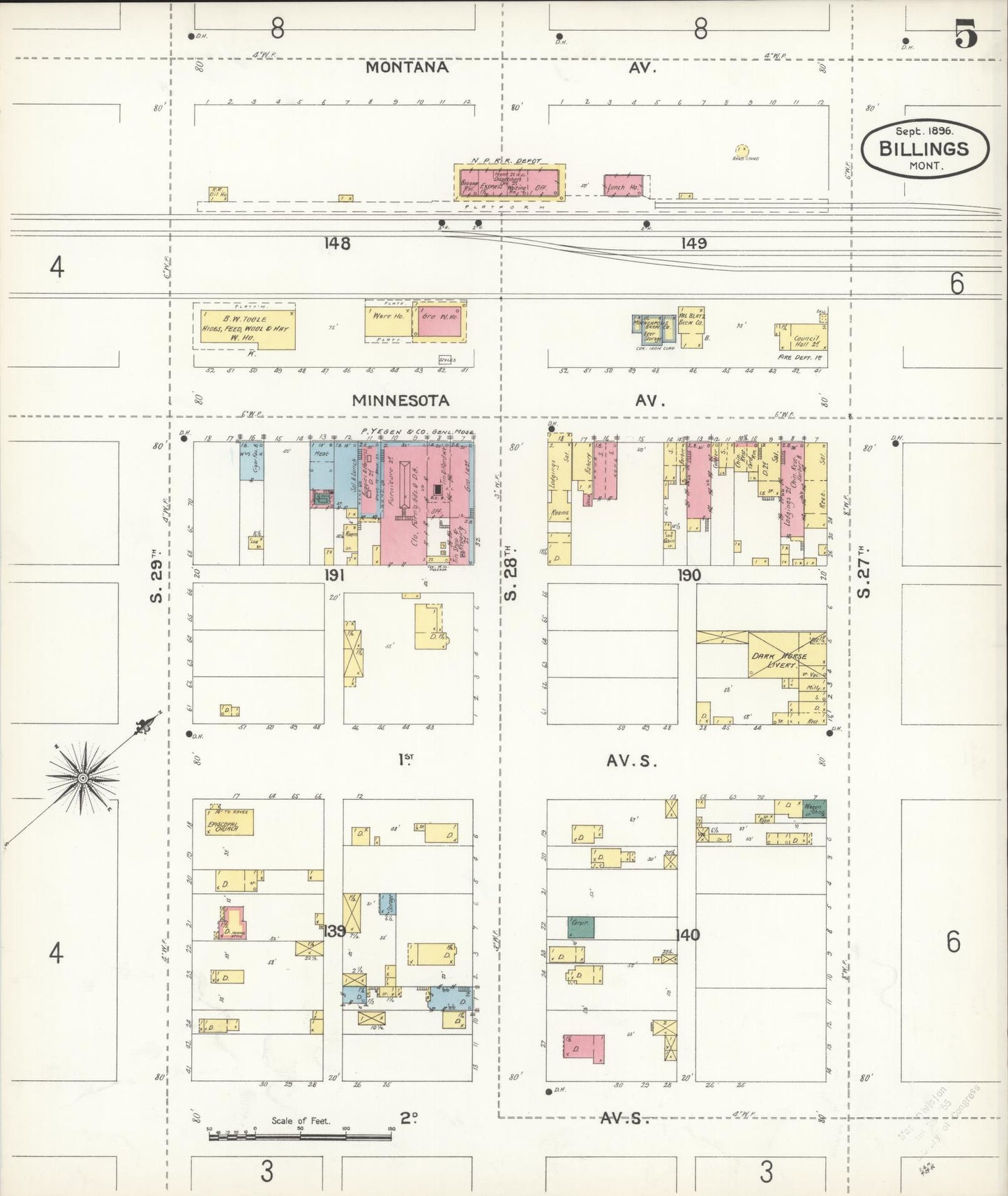 Sanborn Fire Insurance Map from Billings, Yellowstone County, Montana (1896), Sheet #0005 - Historic Sanborn Fire Insurance Map Print, vintage old map wall art, antique decor, genealogy gift, Montana Montana map