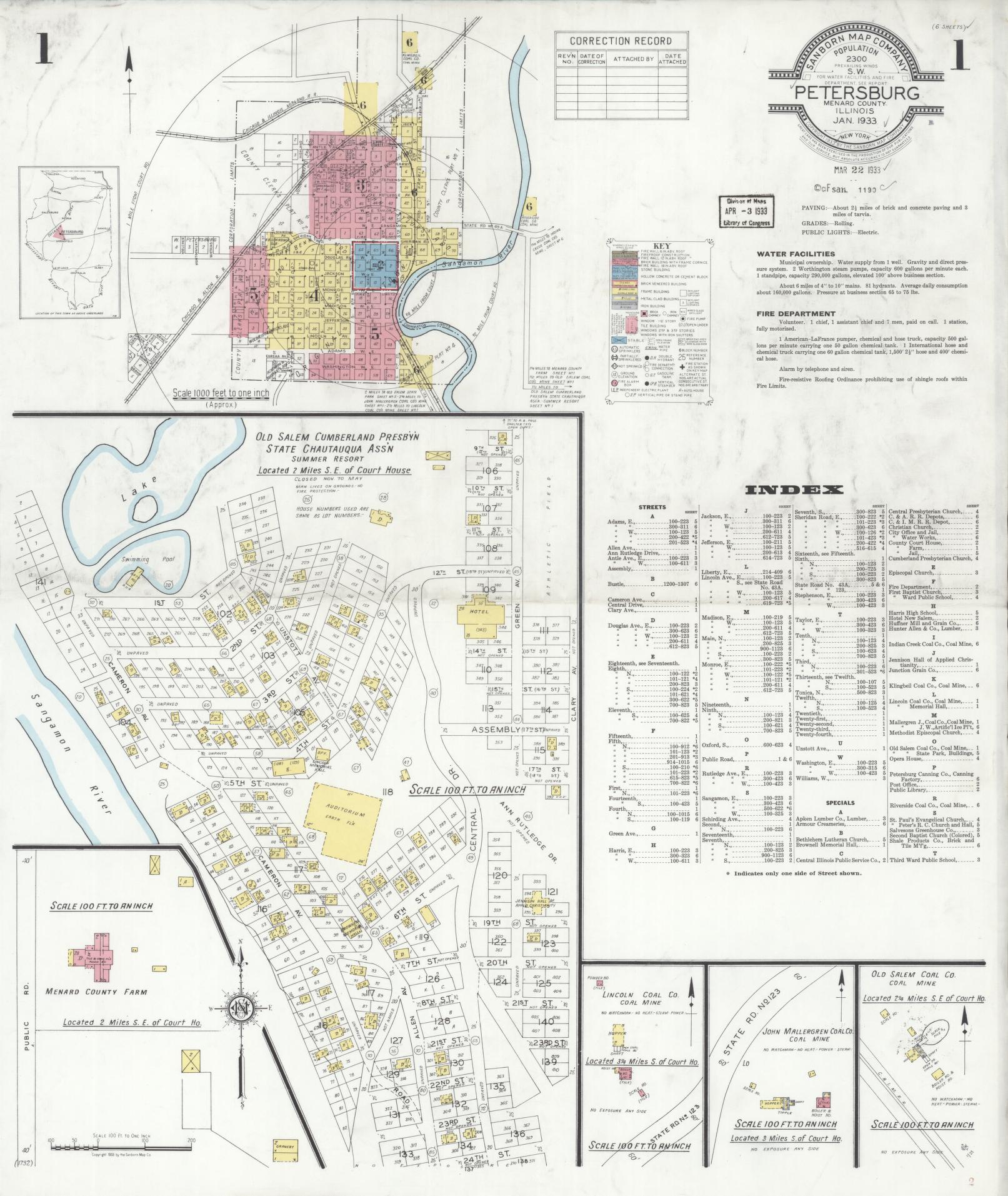 Sanborn Fire Insurance Map from Petersburg, Menard County, Illinois (1933), Sheet #0001 - Complete Map Set gallery image, historic Sanborn map, vintage wall art, Illinois Illinois
