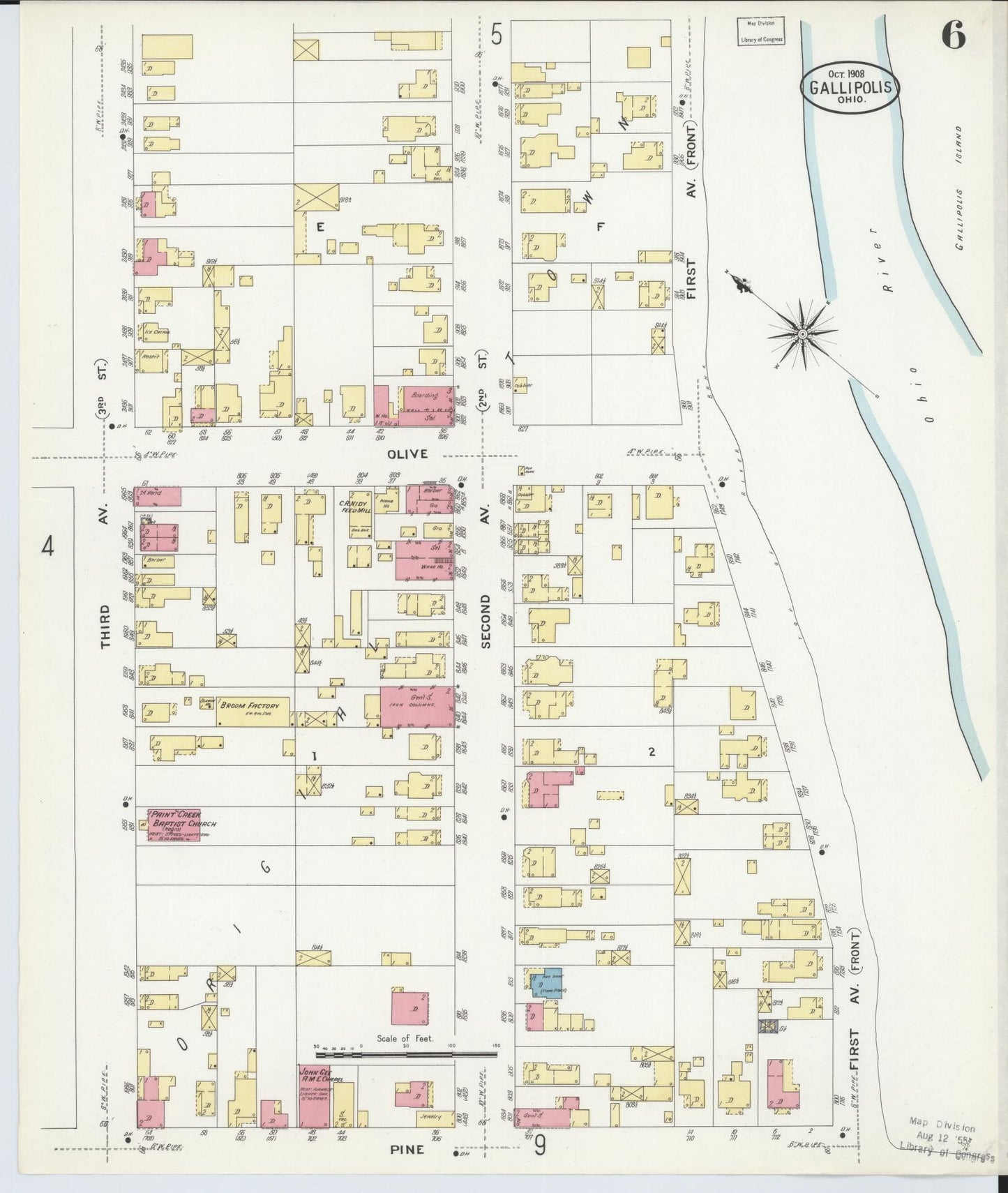 Sanborn Fire Insurance Map from Gallipolis, Gallia County, Ohio (1908), Sheet #0006 - Historic Sanborn Fire Insurance Map Print, vintage old map wall art, antique decor, genealogy gift, Ohio Ohio map