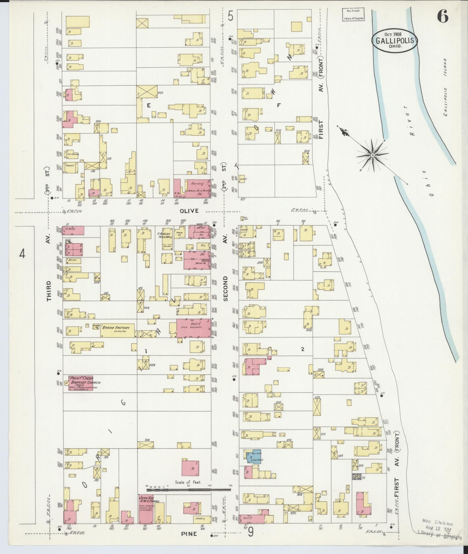 Sanborn Fire Insurance Map from Gallipolis, Gallia County, Ohio (1908), Sheet #0006 - Historic Sanborn Fire Insurance Map Print, vintage old map wall art, antique decor, genealogy gift, Ohio Ohio map