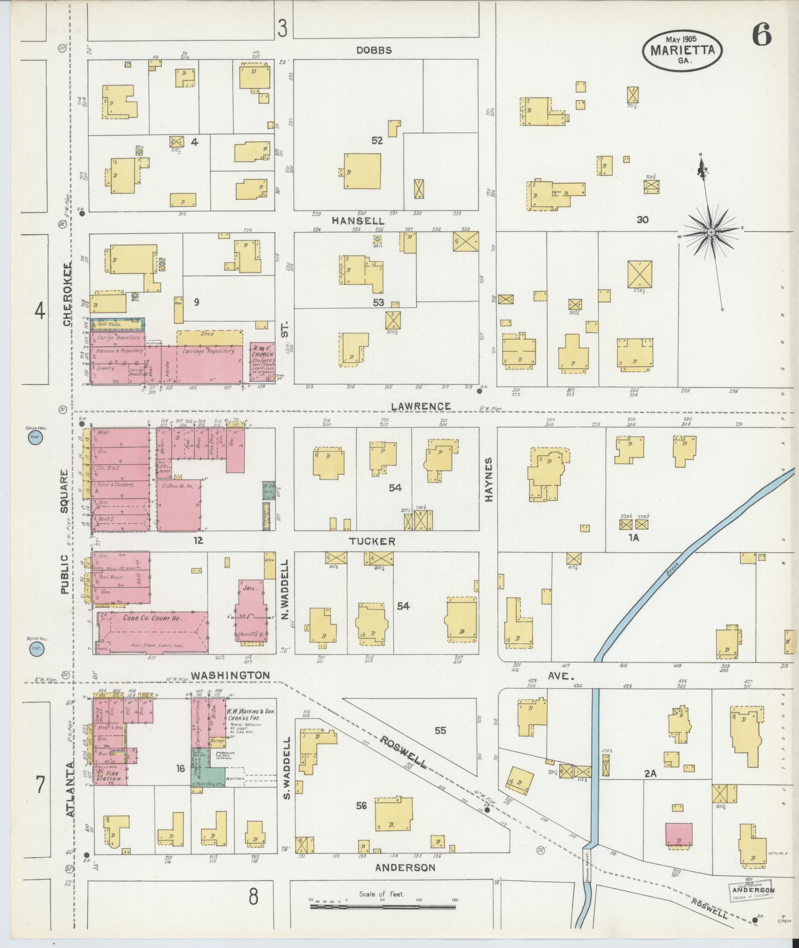 Sanborn Fire Insurance Map from Marietta, Cobb County, Georgia (1905), Sheet #0006 - Historic Sanborn Fire Insurance Map Print, vintage old map wall art, antique decor, genealogy gift, Georgia Georgia map
