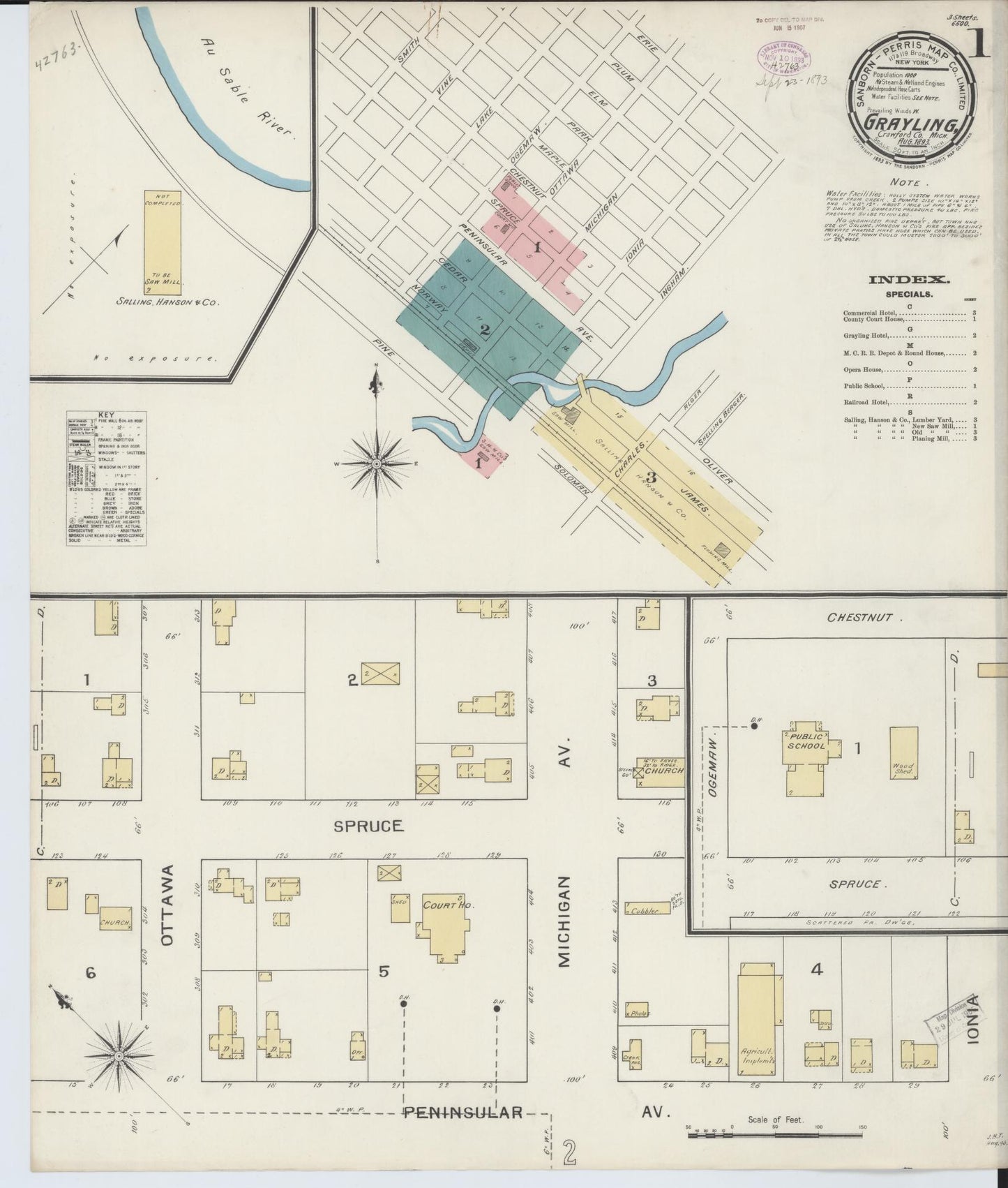 Sanborn Fire Insurance Map from Grayling, Crawford County, Michigan (1893), Sheet #0001 - Complete Map Set gallery image, historic Sanborn map, vintage wall art, Michigan Michigan