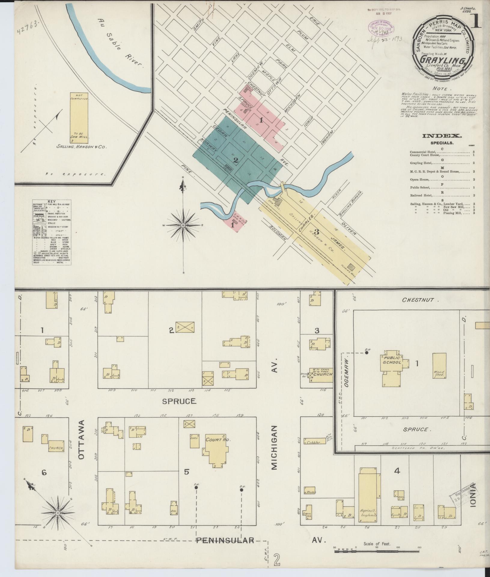 Sanborn Fire Insurance Map from Grayling, Crawford County, Michigan (1893), Sheet #0001 - Complete Map Set gallery image, historic Sanborn map, vintage wall art, Michigan Michigan