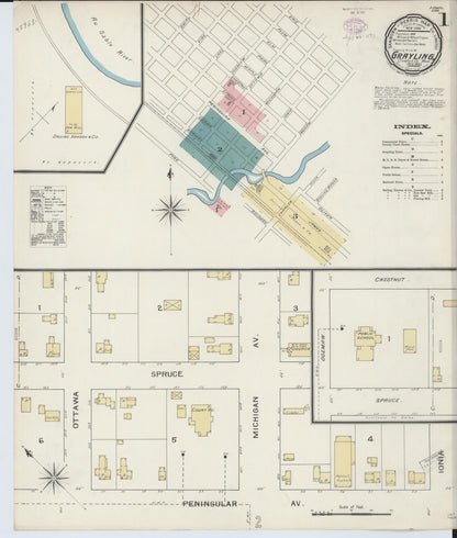Sanborn Fire Insurance Map from Grayling, Crawford County, Michigan (1893), Sheet #0001 - Complete Map Set gallery image, historic Sanborn map, vintage wall art, Michigan Michigan