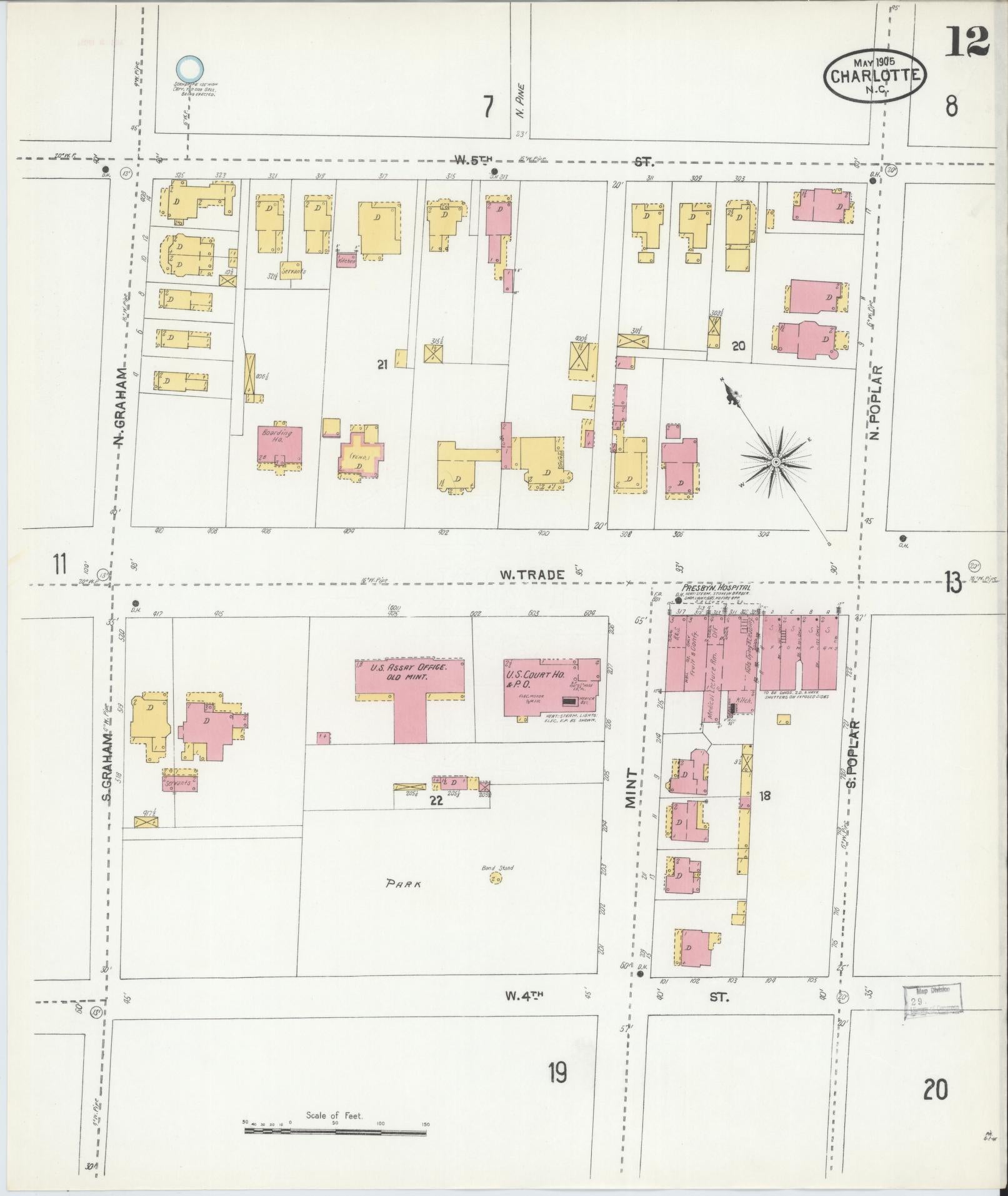 Sanborn Fire Insurance Map from Charlotte, Mecklenburg County, North Carolina (1905), Sheet #0012 - Complete Map Set gallery image, historic Sanborn map, vintage wall art, North Carolina North Carolina