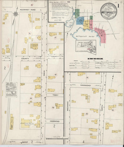 Sanborn Fire Insurance Map from Mattapoisett, Plymouth County, Massachusetts (1931), Sheet #0001 - Historic Sanborn Fire Insurance Map Print, vintage old map wall art, antique decor, genealogy gift, Massachusetts Massachusetts map