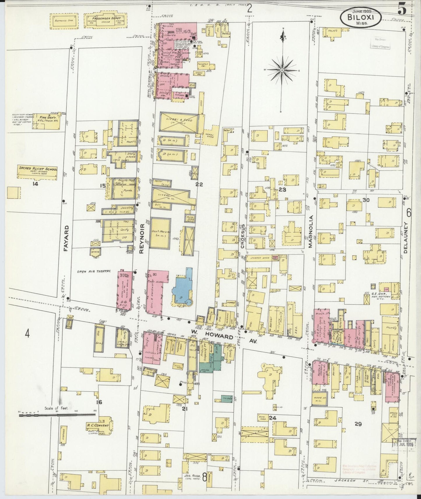 Sanborn Fire Insurance Map from Biloxi, Harrison County, Mississippi (1909), Sheet #0005 - Historic Sanborn Fire Insurance Map Print, vintage old map wall art, antique decor, genealogy gift, Mississippi Mississippi map