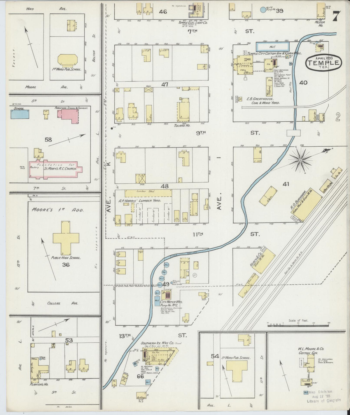 Sanborn Fire Insurance Map from Temple, Bell County, Texas (1893), Sheet #0007 - Complete Map Set gallery image, historic Sanborn map, vintage wall art, Texas Texas