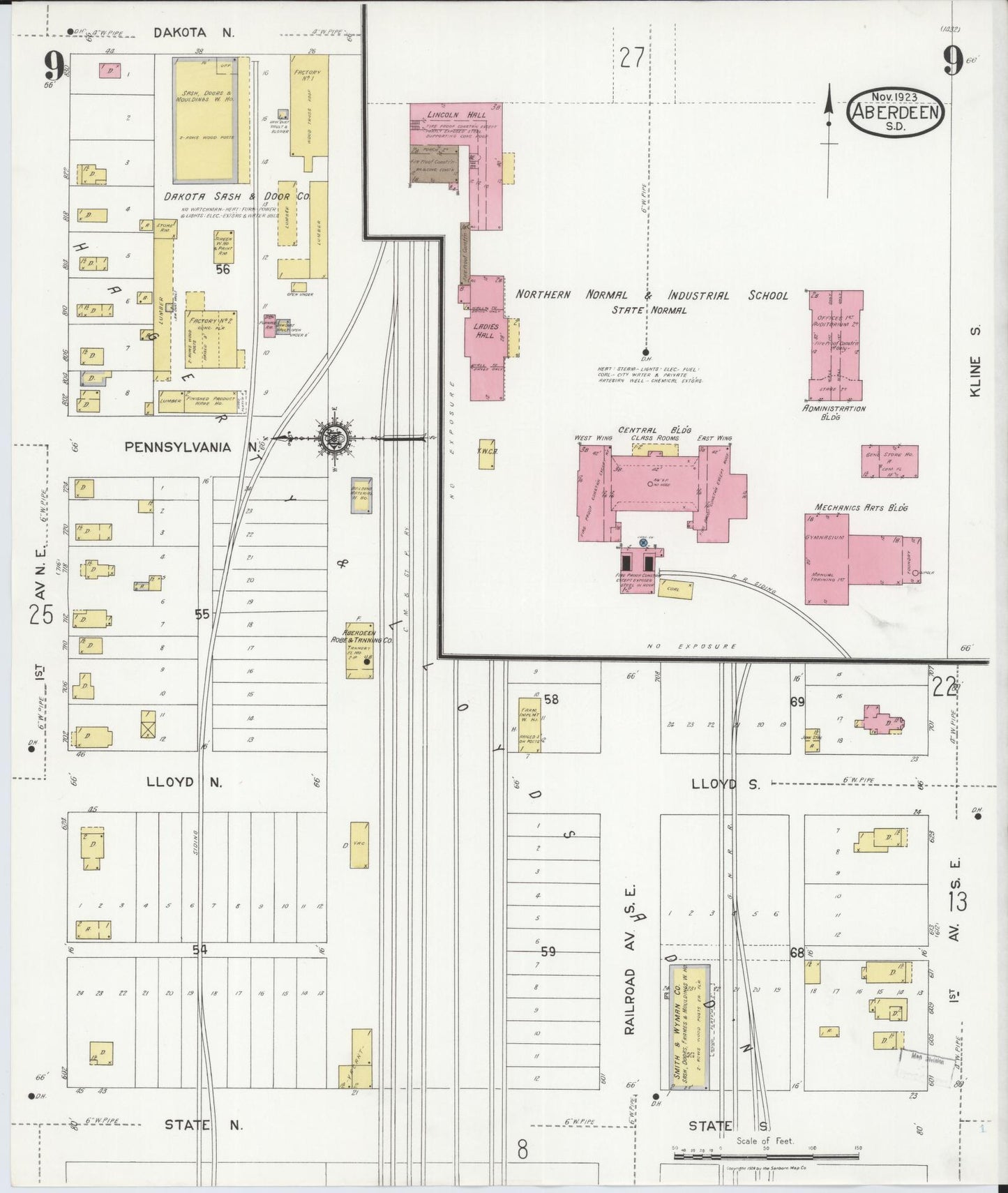 Sanborn Fire Insurance Map from Aberdeen, Brown County, South Dakota (1923), Sheet #0009 - Complete Map Set gallery image, historic Sanborn map, vintage wall art, South Dakota South Dakota