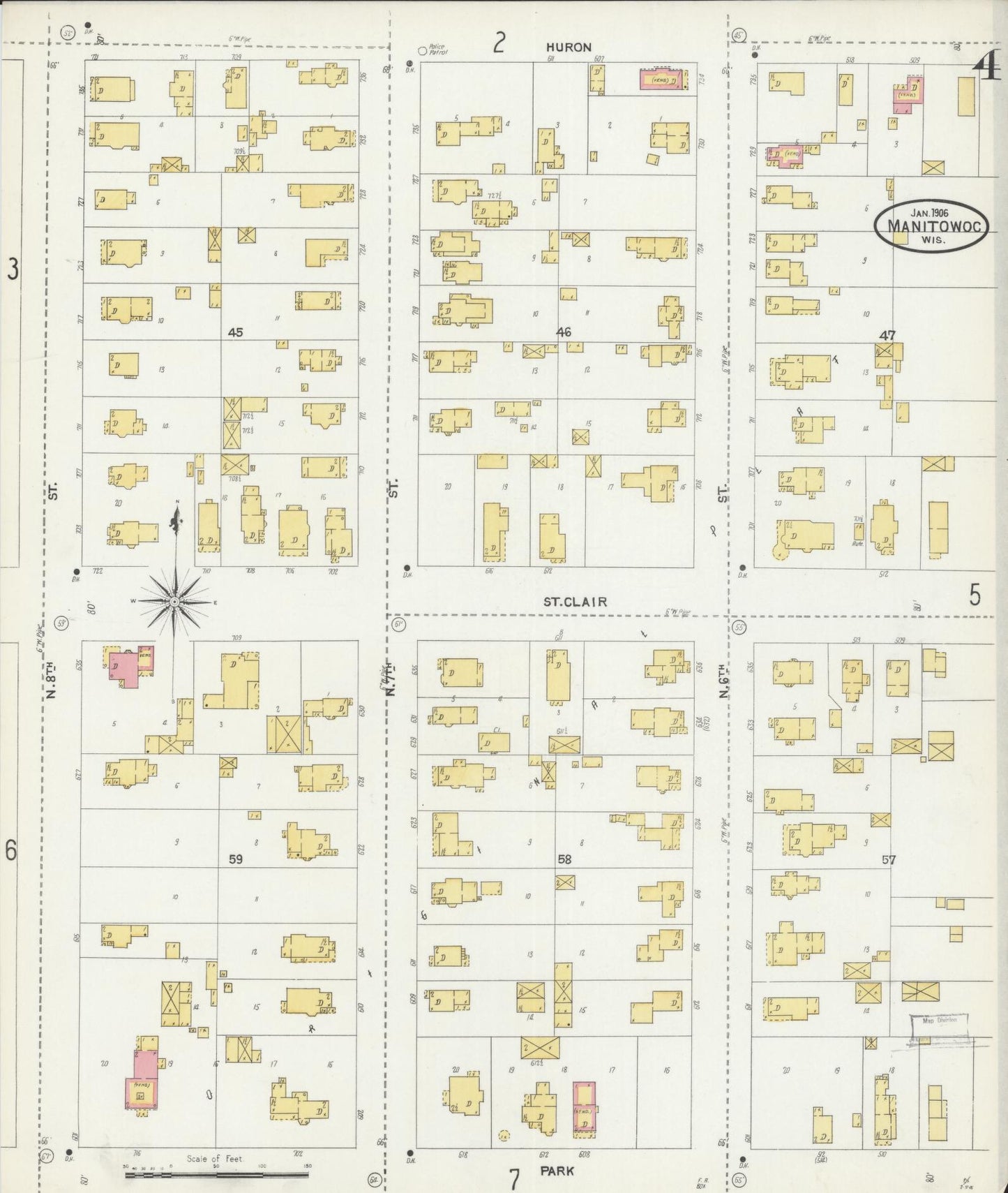 Sanborn Fire Insurance Map from Manitowoc, Manitowoc County, Wisconsin (1906), Sheet #0004 - Historic Sanborn Fire Insurance Map Print, vintage old map wall art, antique decor, genealogy gift, Wisconsin Wisconsin map