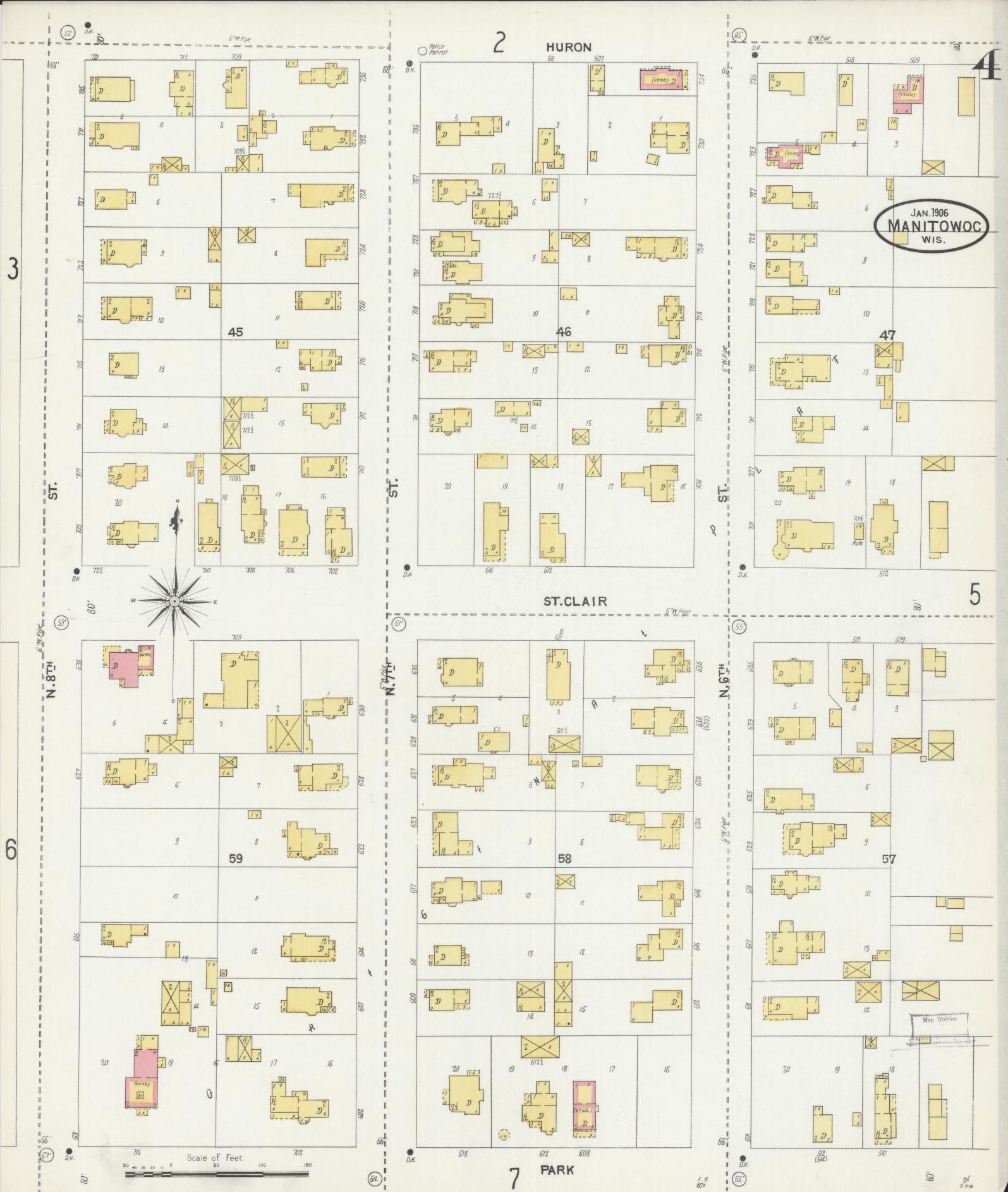 Sanborn Fire Insurance Map from Manitowoc, Manitowoc County, Wisconsin (1906), Sheet #0004 - Historic Sanborn Fire Insurance Map Print, vintage old map wall art, antique decor, genealogy gift, Wisconsin Wisconsin map