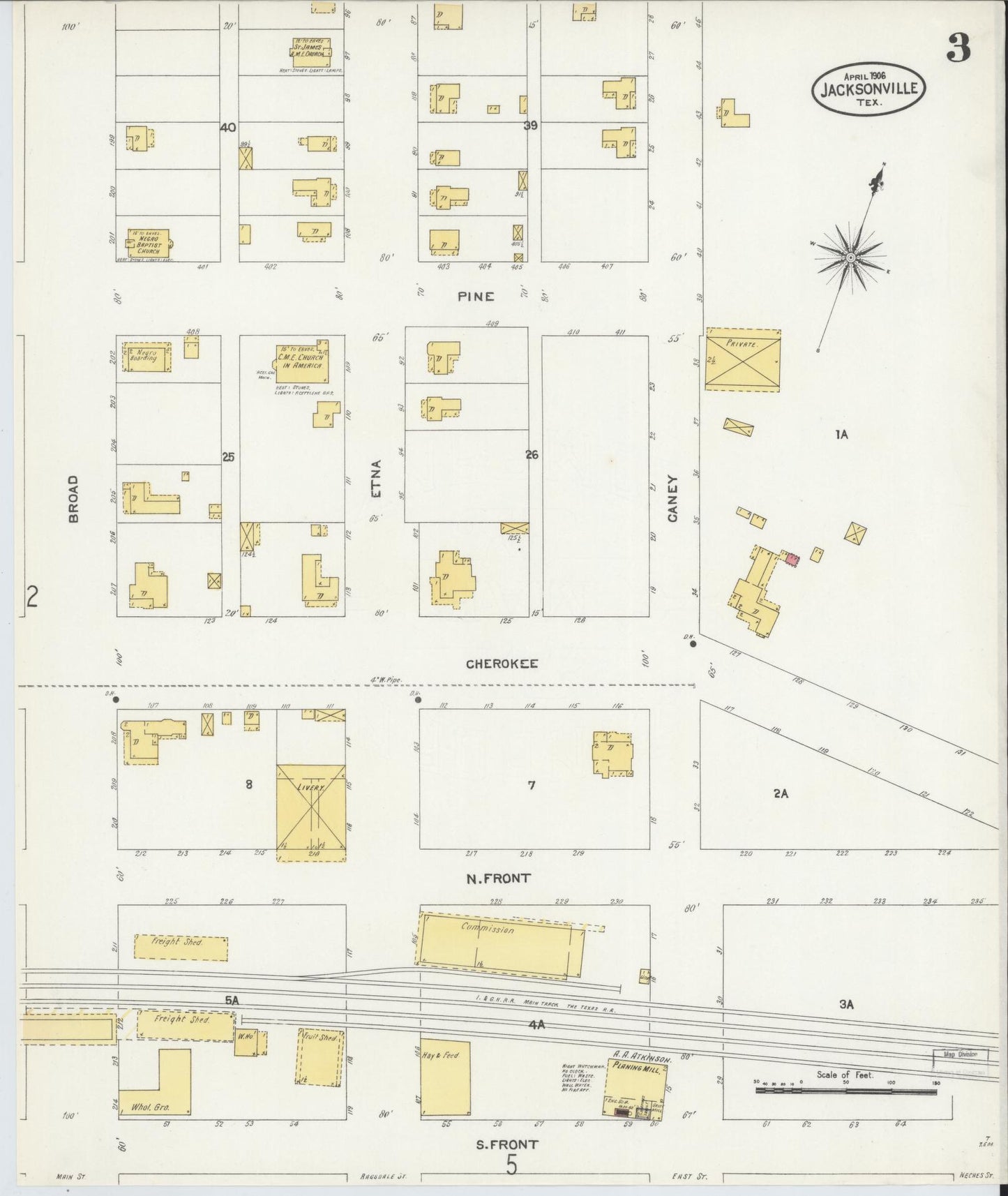 Sanborn Fire Insurance Map from Jacksonville, Cherokee County, Texas (1906), Sheet #0003 - Historic Sanborn Fire Insurance Map Print, vintage old map wall art, antique decor, genealogy gift, Texas Texas map