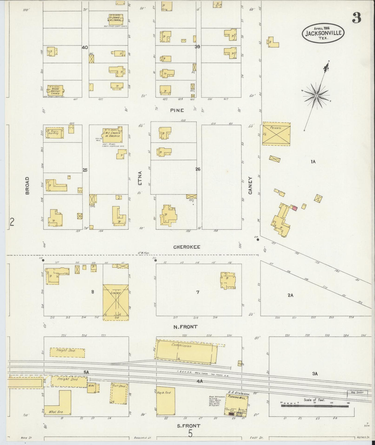 Sanborn Fire Insurance Map from Jacksonville, Cherokee County, Texas (1906), Sheet #0003 - Historic Sanborn Fire Insurance Map Print, vintage old map wall art, antique decor, genealogy gift, Texas Texas map