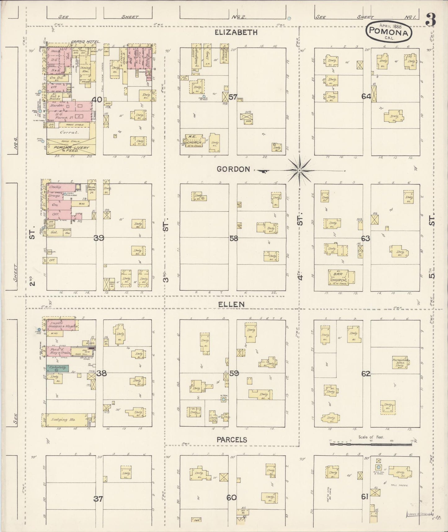Sanborn Fire Insurance Map from Pomona, Los Angeles County, California (1888), Sheet #0003 - Complete Map Set gallery image, historic Sanborn map, vintage wall art, California California