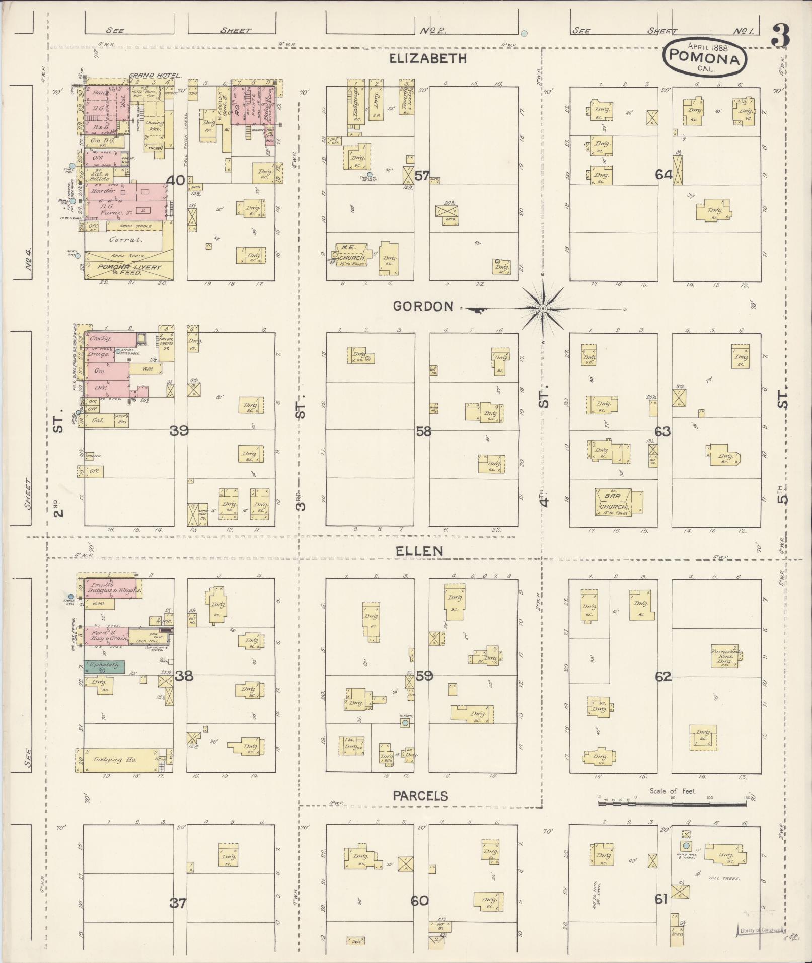 Sanborn Fire Insurance Map from Pomona, Los Angeles County, California (1888), Sheet #0003 - Complete Map Set gallery image, historic Sanborn map, vintage wall art, California California