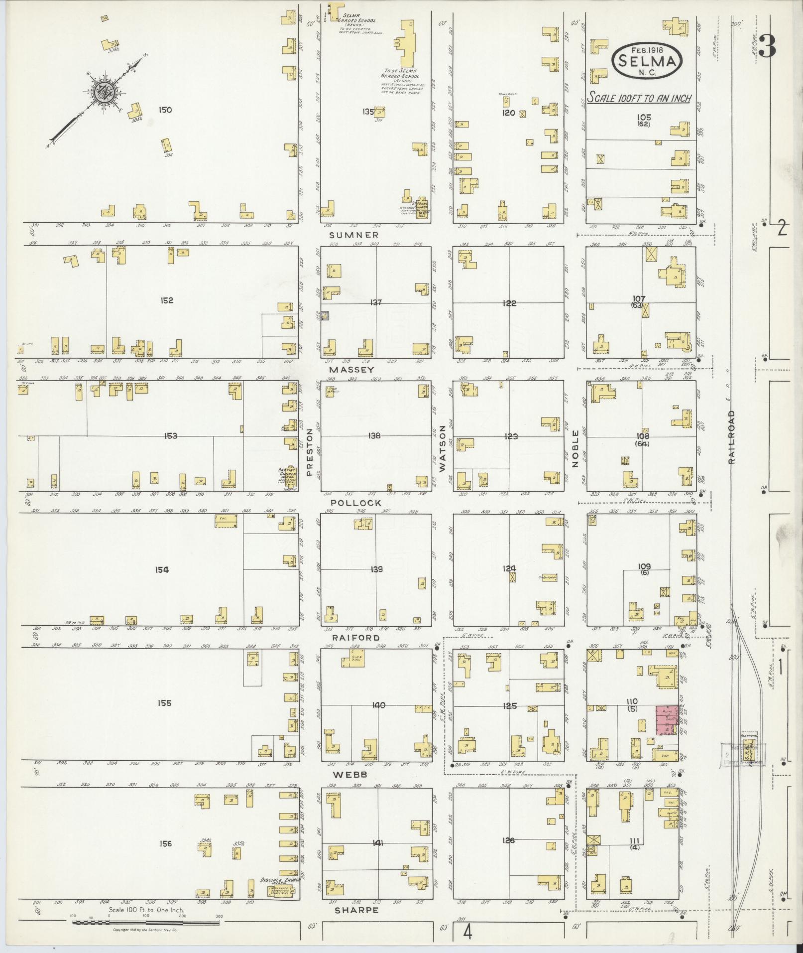 Sanborn Fire Insurance Map from Selma, Johnston County, North Carolina (1918), Sheet #0003 - Complete Map Set gallery image, historic Sanborn map, vintage wall art, North Carolina North Carolina