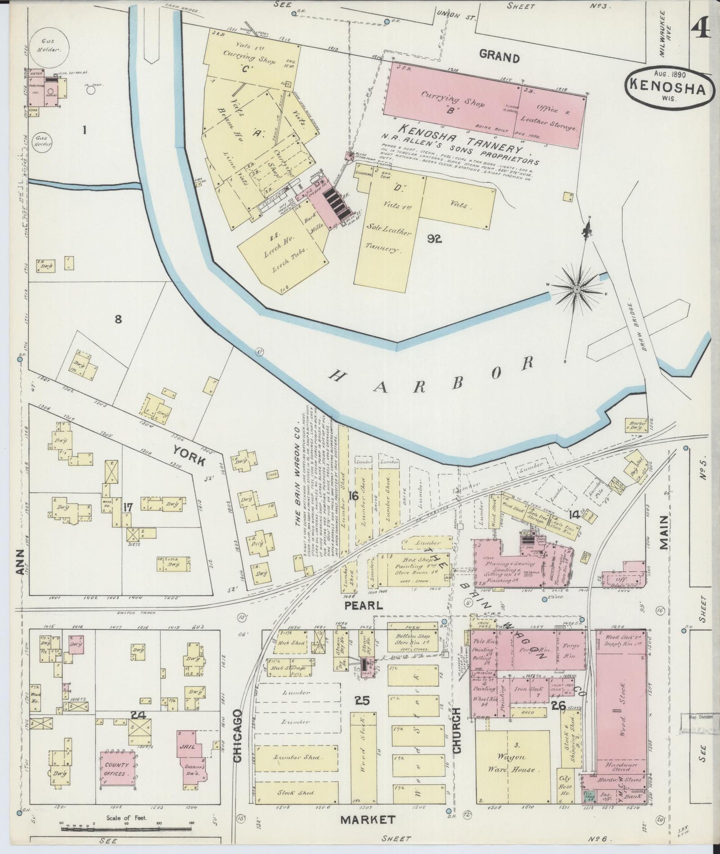 Sanborn Fire Insurance Map from Kenosha, Kenosha County, Wisconsin (1890), Sheet #0004 - Historic Sanborn Fire Insurance Map Print, vintage old map wall art, antique decor, genealogy gift, Wisconsin Wisconsin map