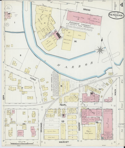 Sanborn Fire Insurance Map from Kenosha, Kenosha County, Wisconsin (1890), Sheet #0004 - Historic Sanborn Fire Insurance Map Print, vintage old map wall art, antique decor, genealogy gift, Wisconsin Wisconsin map