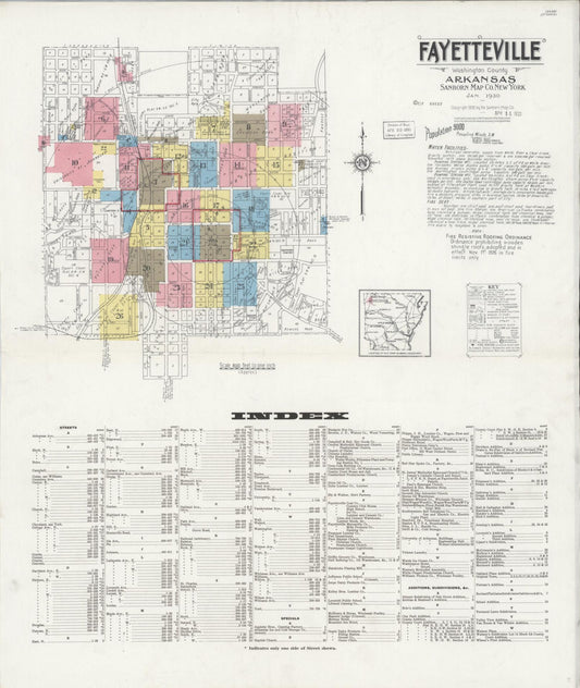 Sanborn Fire Insurance Map from Fayetteville, Washington County, Arkansas (1930), Sheet #0001 - Historic Sanborn Fire Insurance Map Print, vintage old map wall art, antique decor, genealogy gift, Arkansas Arkansas map