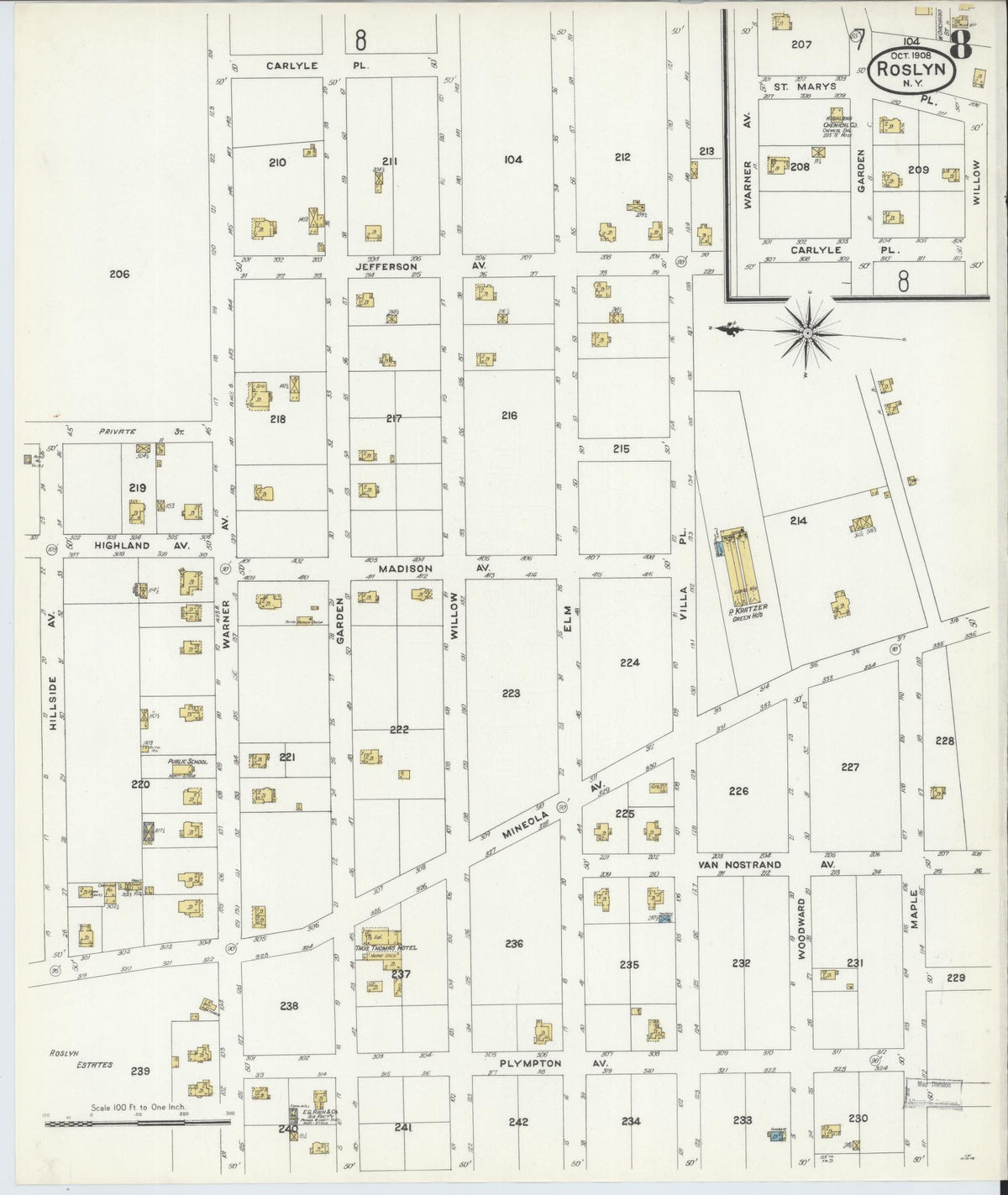 Sanborn Fire Insurance Map from Roslyn, Nassau County, New York (1908), Sheet #0008 - Complete Map Set gallery image, historic Sanborn map, vintage wall art, New York New York