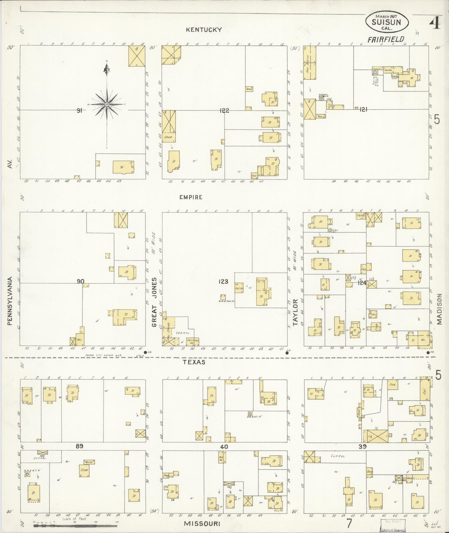 Sanborn Fire Insurance Map from Suisun, Solano County, California (1907), Sheet #0004 - Complete Map Set gallery image, historic Sanborn map, vintage wall art, California California
