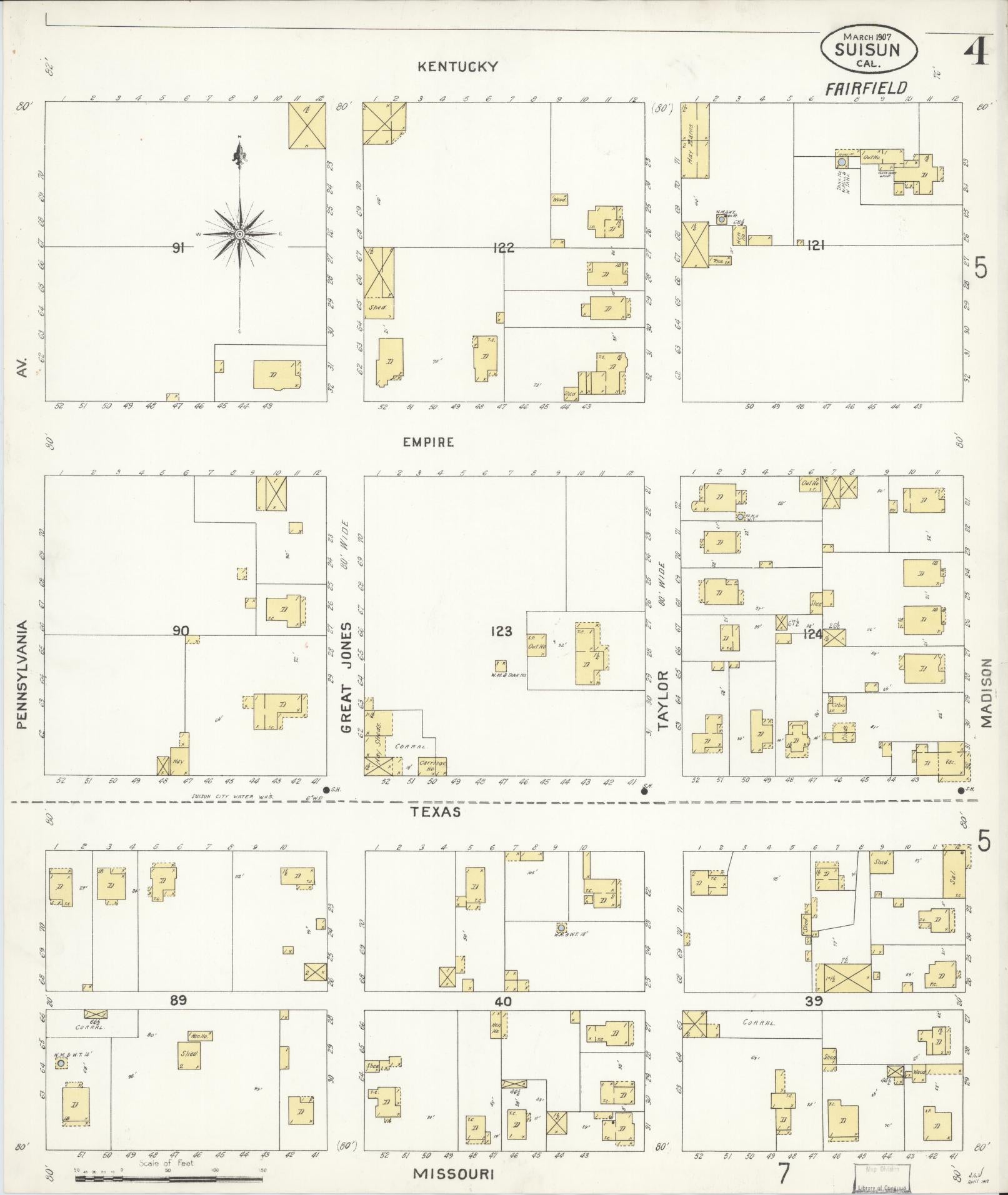Sanborn Fire Insurance Map from Suisun, Solano County, California (1907), Sheet #0004 - Complete Map Set gallery image, historic Sanborn map, vintage wall art, California California