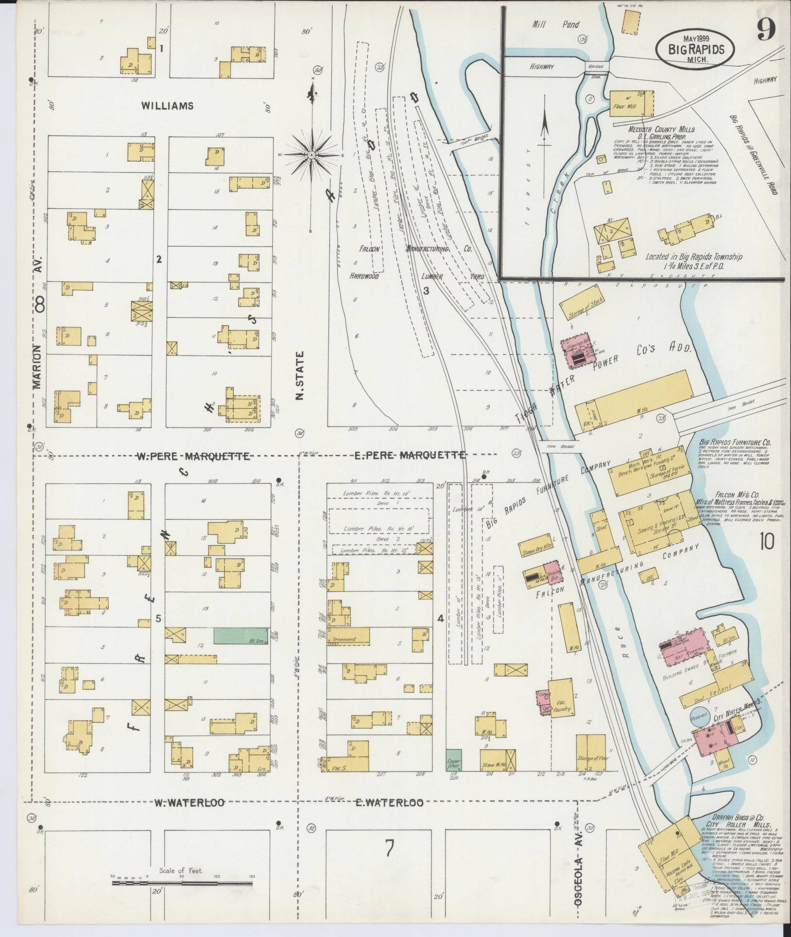 Sanborn Fire Insurance Map from Big Rapids, Mecosta County, Michigan (1899), Sheet #0009 - Historic Sanborn Fire Insurance Map Print, vintage old map wall art, antique decor, genealogy gift, Michigan Michigan map