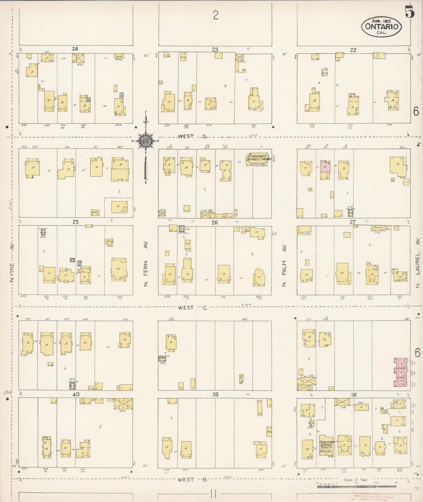 Sanborn Fire Insurance Map from Ontario, San Bernardino County, California (1912), Sheet #0005 - Historic Sanborn Fire Insurance Map Print, vintage old map wall art, antique decor, genealogy gift, California California map
