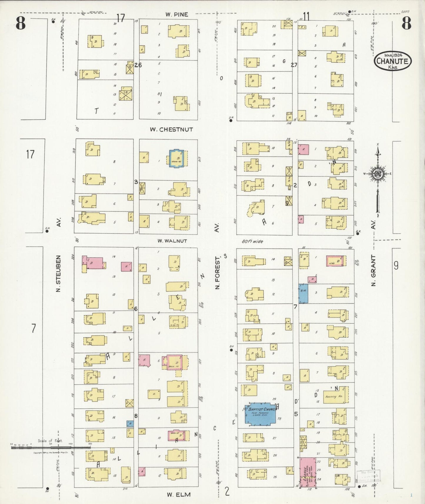 Sanborn Fire Insurance Map from Chanute, Neosho County, Kansas (1924), Sheet #0008 - Historic Sanborn Fire Insurance Map Print, vintage old map wall art, antique decor, genealogy gift, Kansas Kansas map