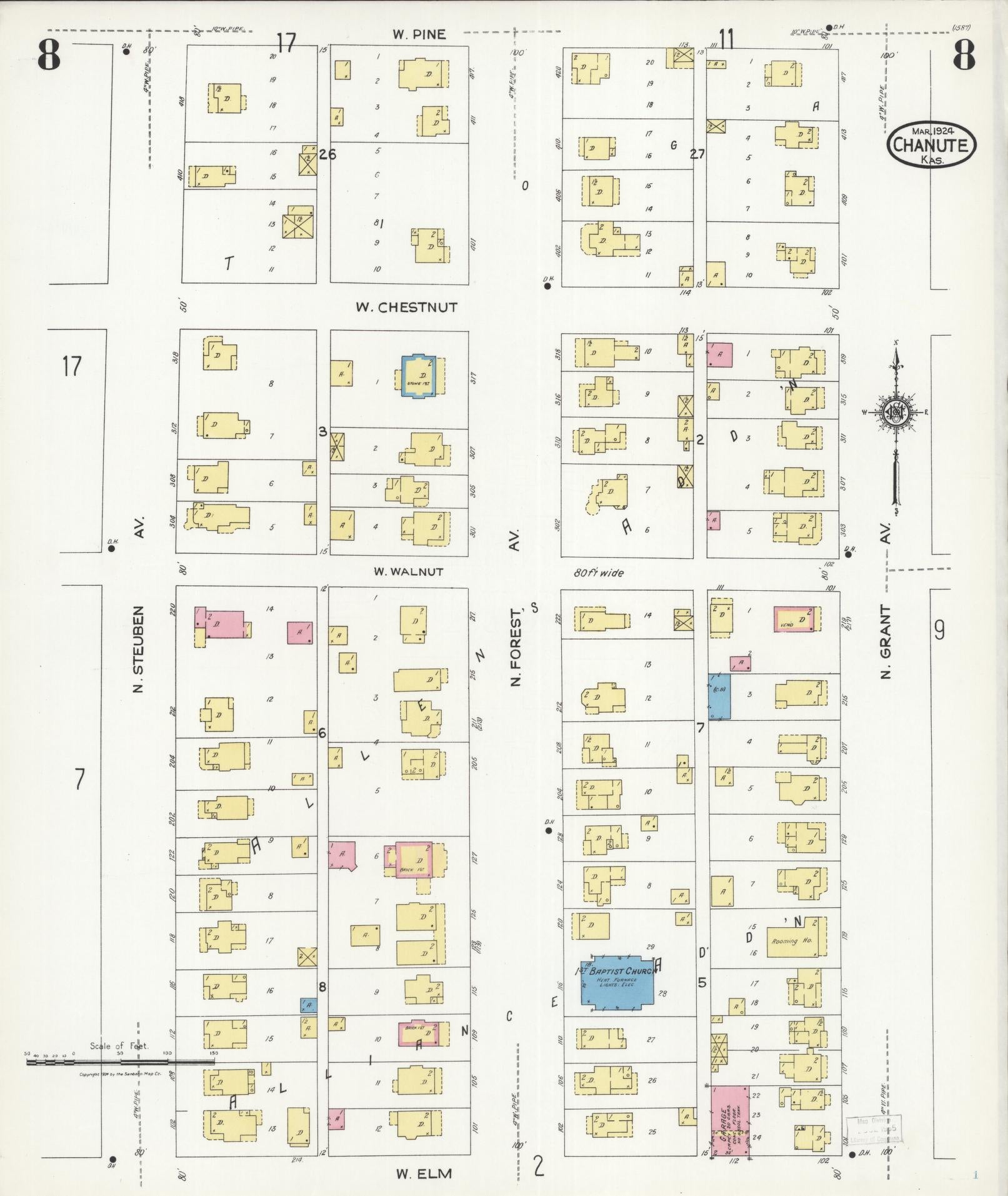 Sanborn Fire Insurance Map from Chanute, Neosho County, Kansas (1924), Sheet #0008 - Historic Sanborn Fire Insurance Map Print, vintage old map wall art, antique decor, genealogy gift, Kansas Kansas map