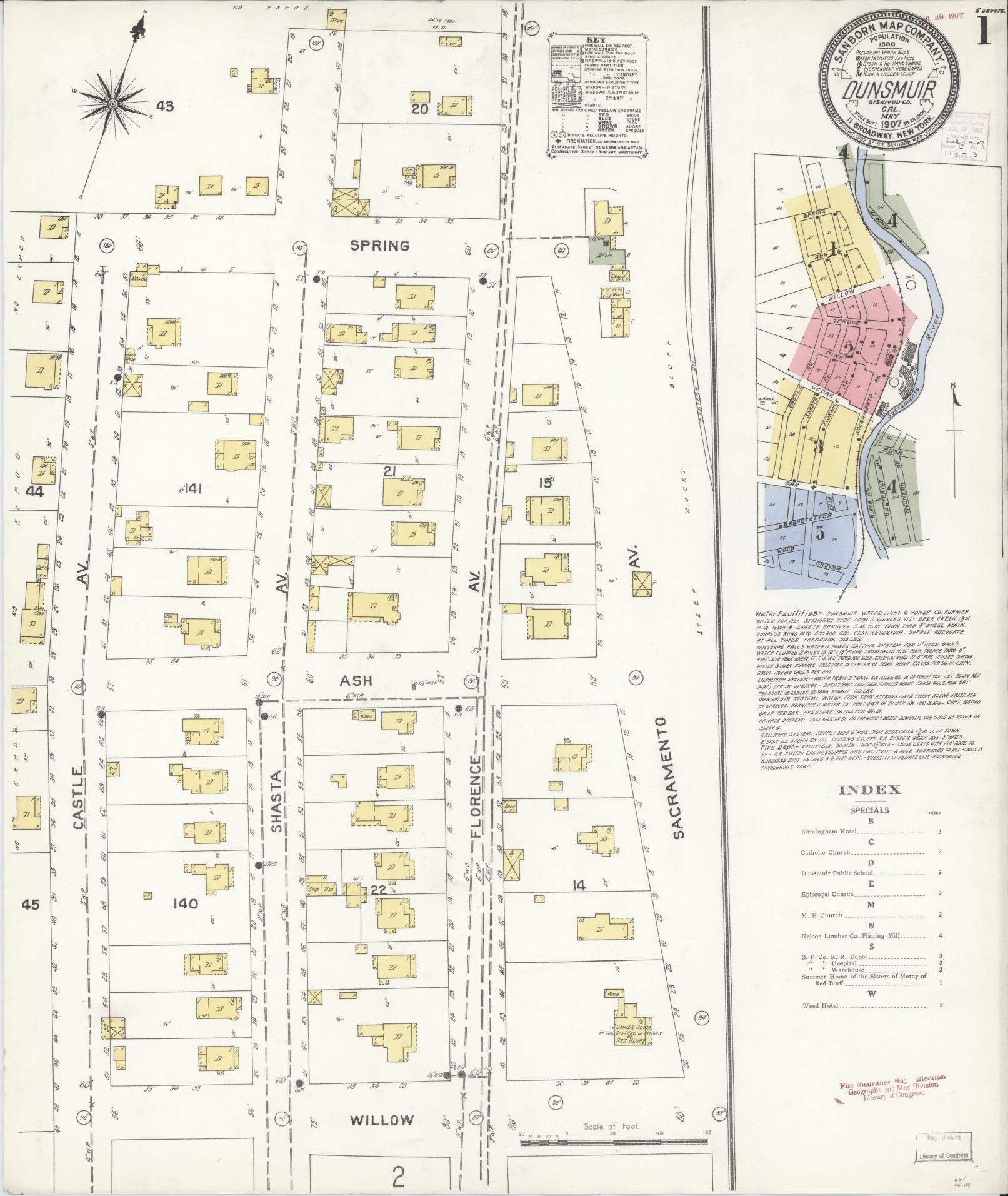 Sanborn Fire Insurance Map from Dunsmuir, Siskiyou County, California (1907), Sheet #0001 - Complete Map Set gallery image, historic Sanborn map, vintage wall art, California California