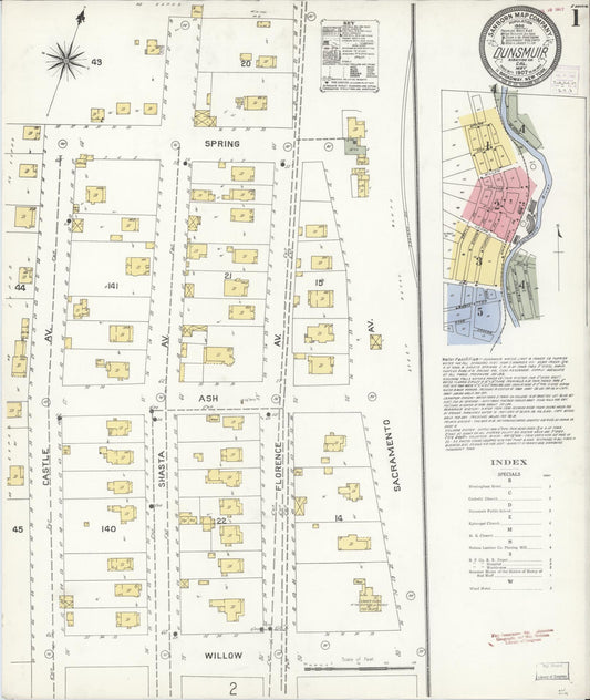 Sanborn Fire Insurance Map from Dunsmuir, Siskiyou County, California (1907), Sheet #0001 - Complete Map Set gallery image, historic Sanborn map, vintage wall art, California California